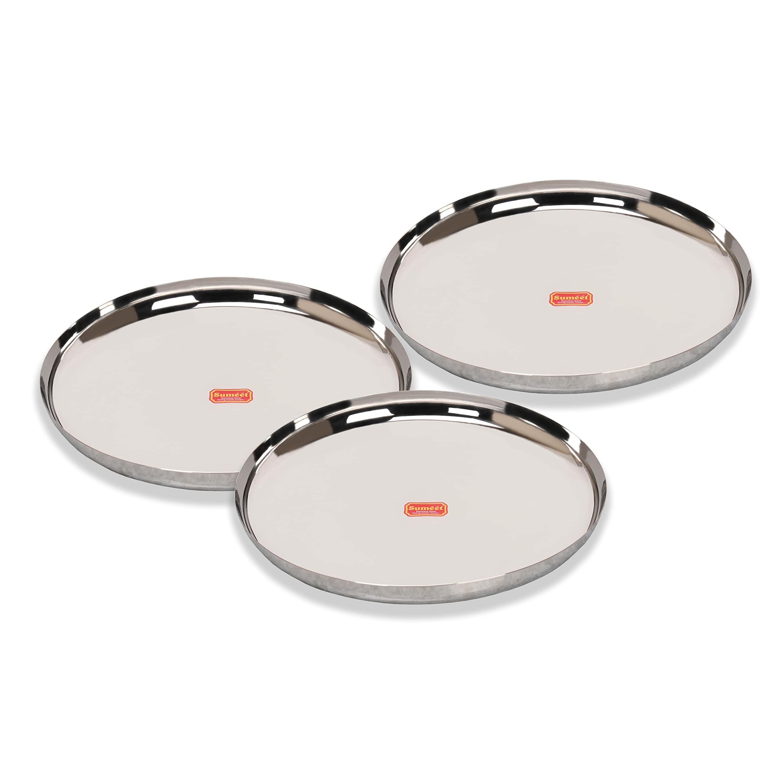 Sumeet Stainless-Steel Apple Shape Heavy Gauge Dinner Plates with Mirror Finish-34.6cm Dia, Set of 3pc, Silver