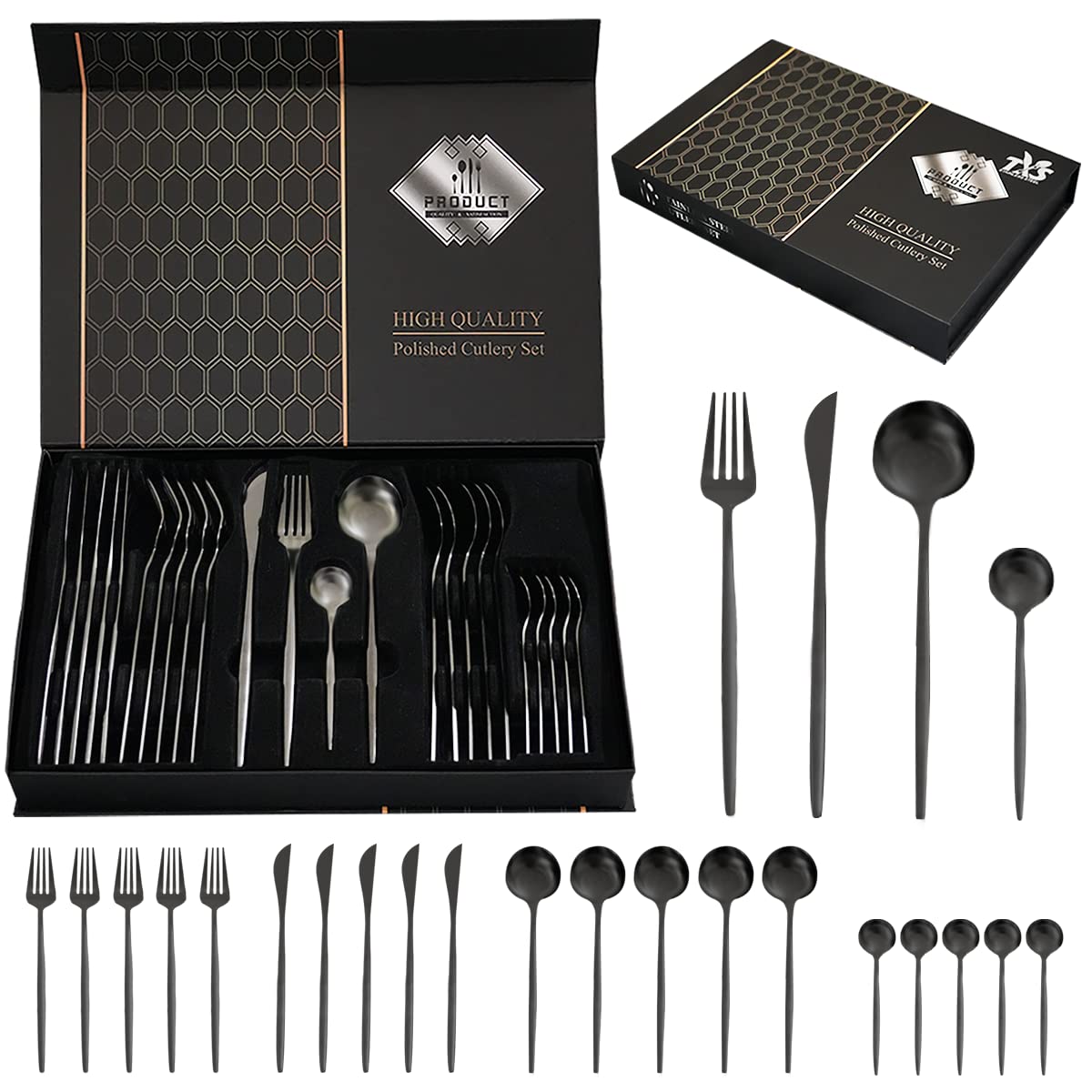 24-Piece Black Silverware Set Black Flatware Set For 6, Stainless Steel Cubiertos Cutlery Set, Forks And Spoons Apartment Utensi