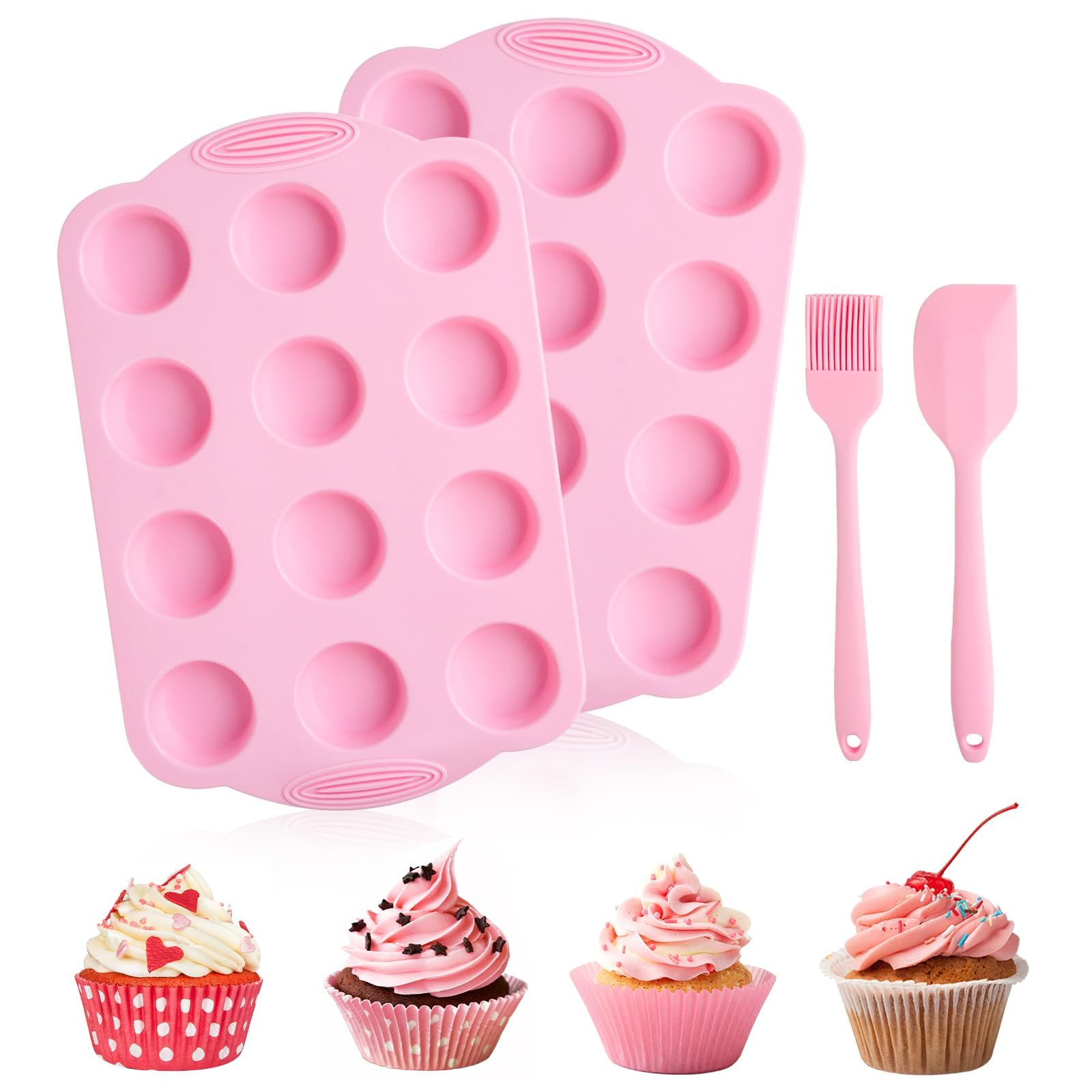 JEPELUS 2 Pack Silicone Muffin Pan for Baking with Oil Brush Spatula