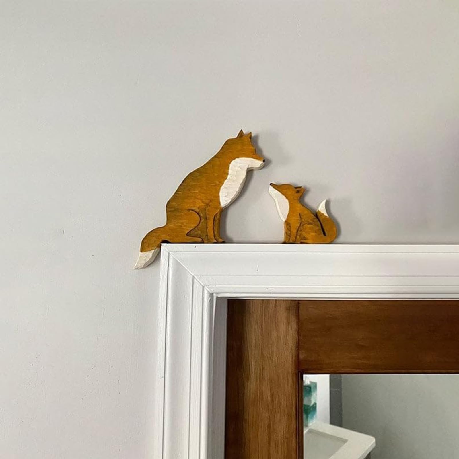 Mama And Baby Fox Door Topper Adorable Fox Shape Statue Door Corner Sculpture For Handcrafted Wood Decor Sign, Creative Wooden A