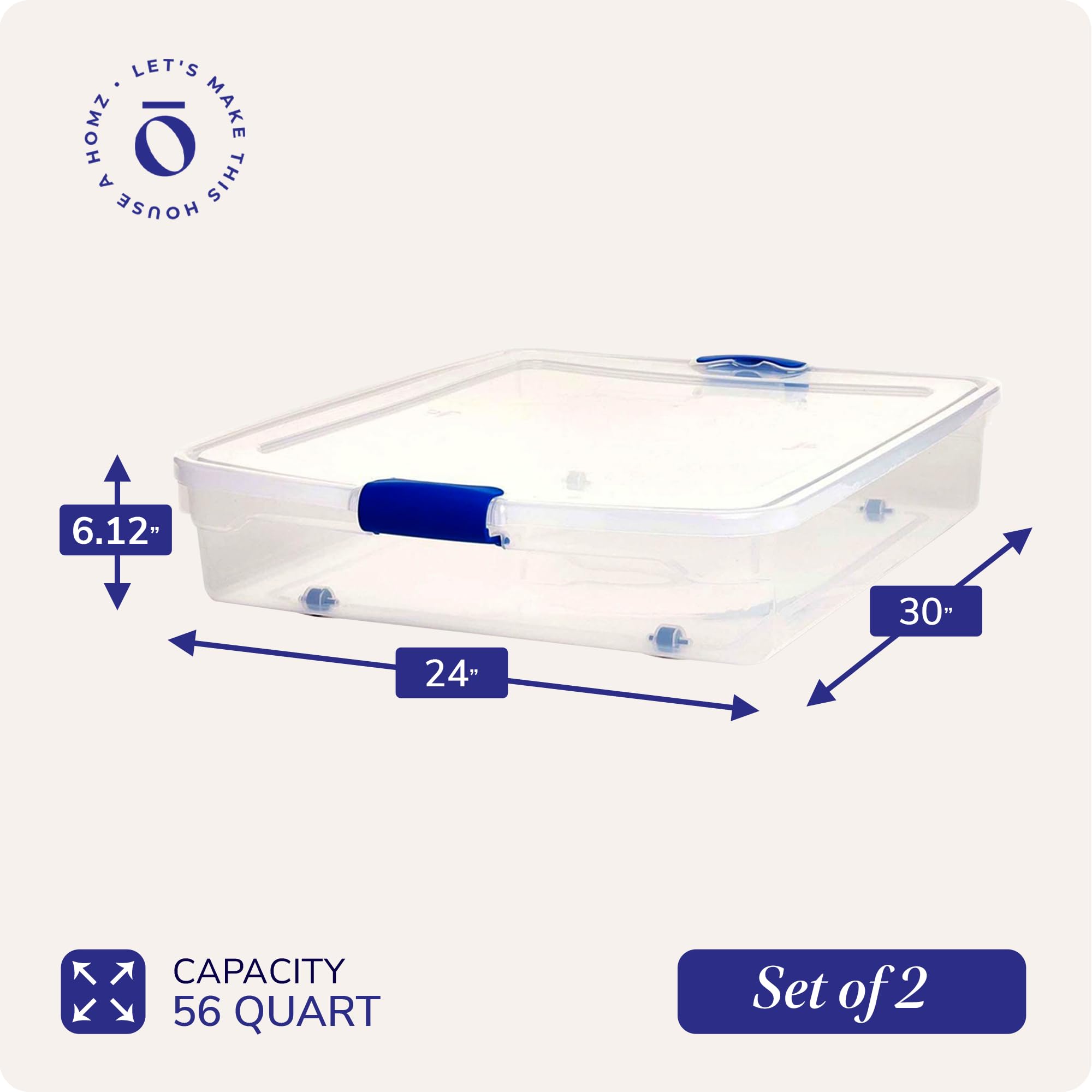 HOMZ 56-Quart Underbed Bin Containers, Secure Clear Plastic Under the Bed Storage Organizer with Latching Lid, Blue Handles, and