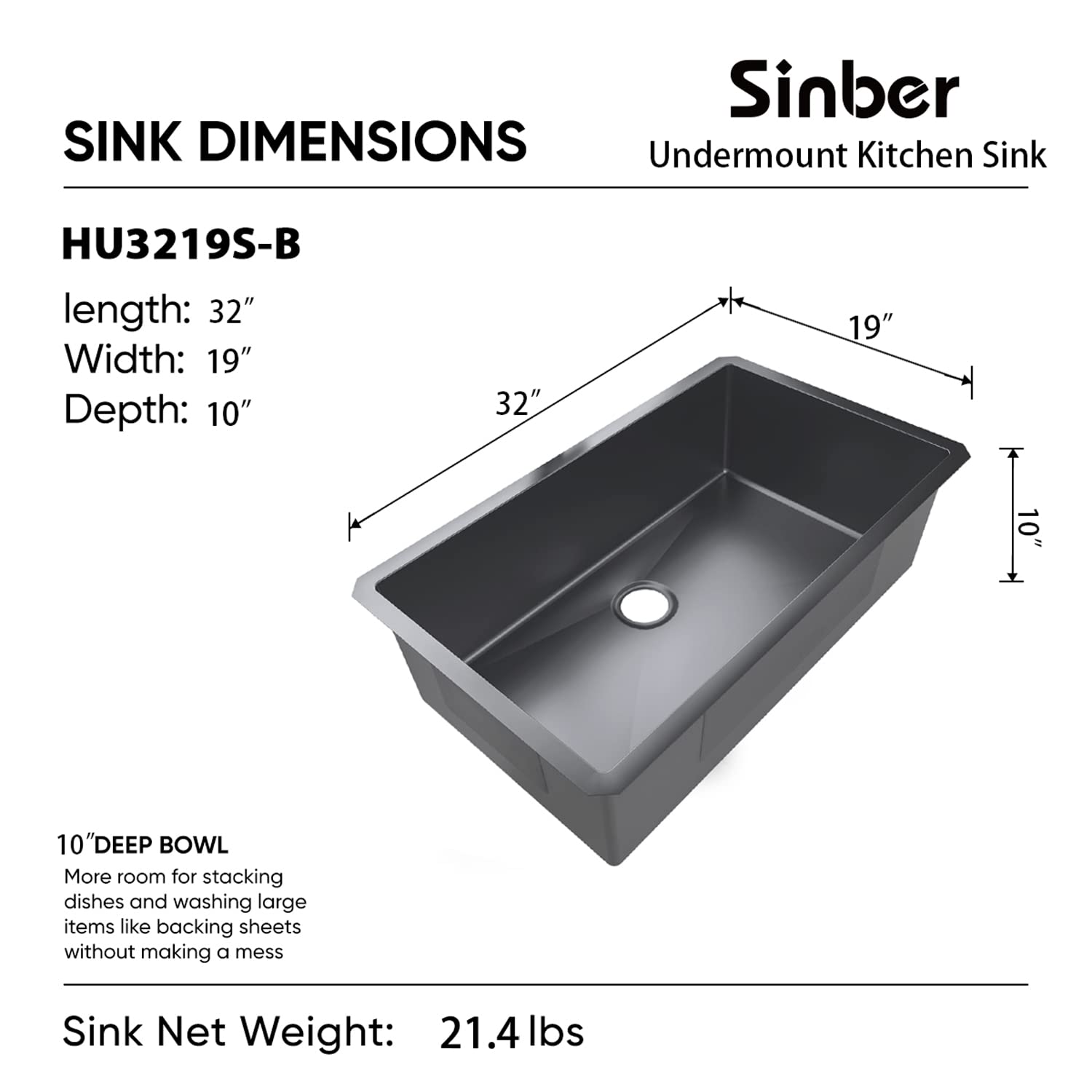 Sinber 32'' x 19'' x 10'' Undermount Single Bowl Kitchen Sink with 18 Gauge 304 Stainless Steel Black Finish HU3219S-B (Sink Only)