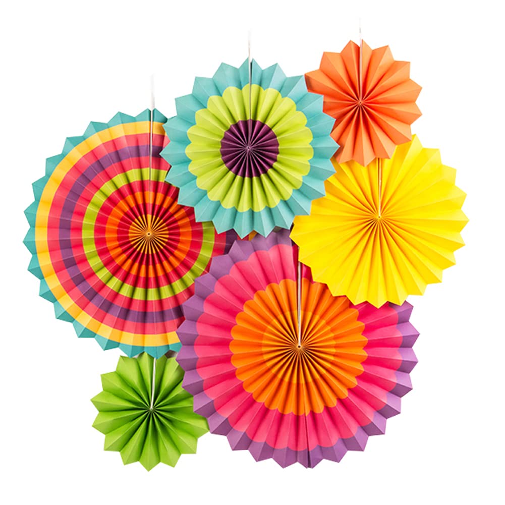 Sunbeauty Pack Of 6 Hanging Paper Fans Party Carnival Circus Round Pattern Paper Garlands Decoration For Birthday Baby Shower Gr