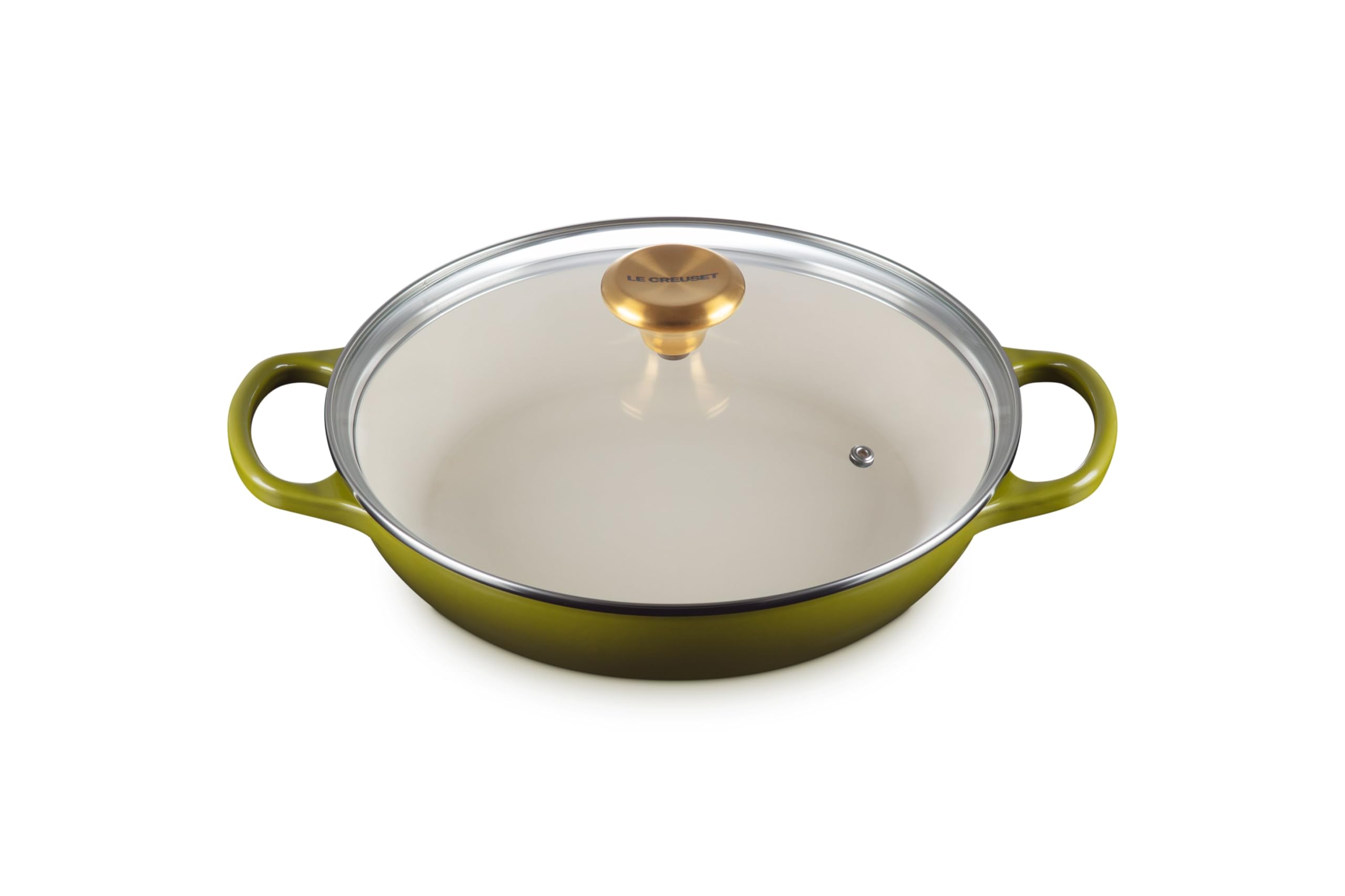 Le Creuset Enameled Cast Iron Signature Round Braiser with Glass Lid, 2.25 qt., Olive with Gold Knob