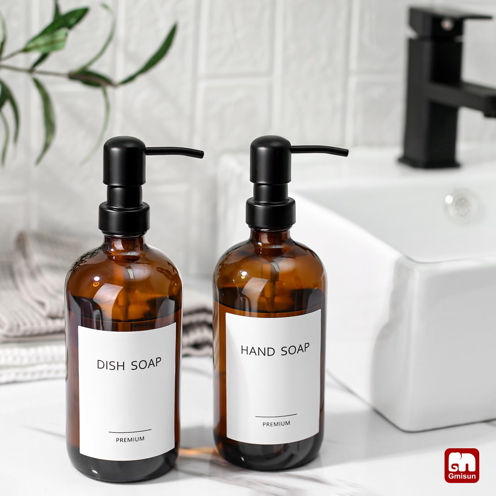 Gmisun Amber Glass Soap Dispenser, 4 Pack Bathroom Hand Soap Dispenser With Stainless Steel Pump, 16 Oz Kitchen Hand And Dish So