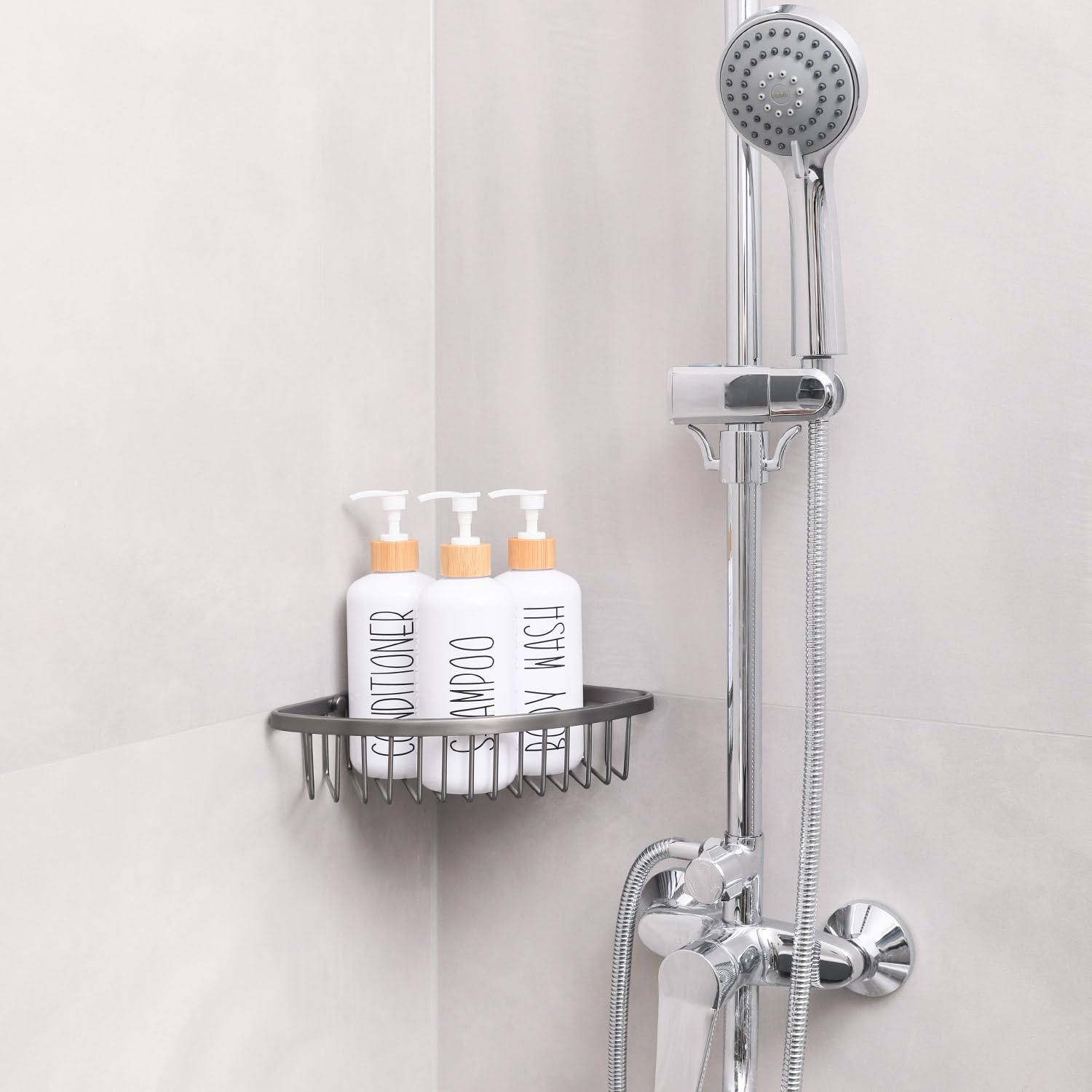 Momeemo White Shampoo And Conditioner Dispenser Set, Contains 3 Extra-Thick Pet Plastic Bottles, Refillable Shampoo And Conditio