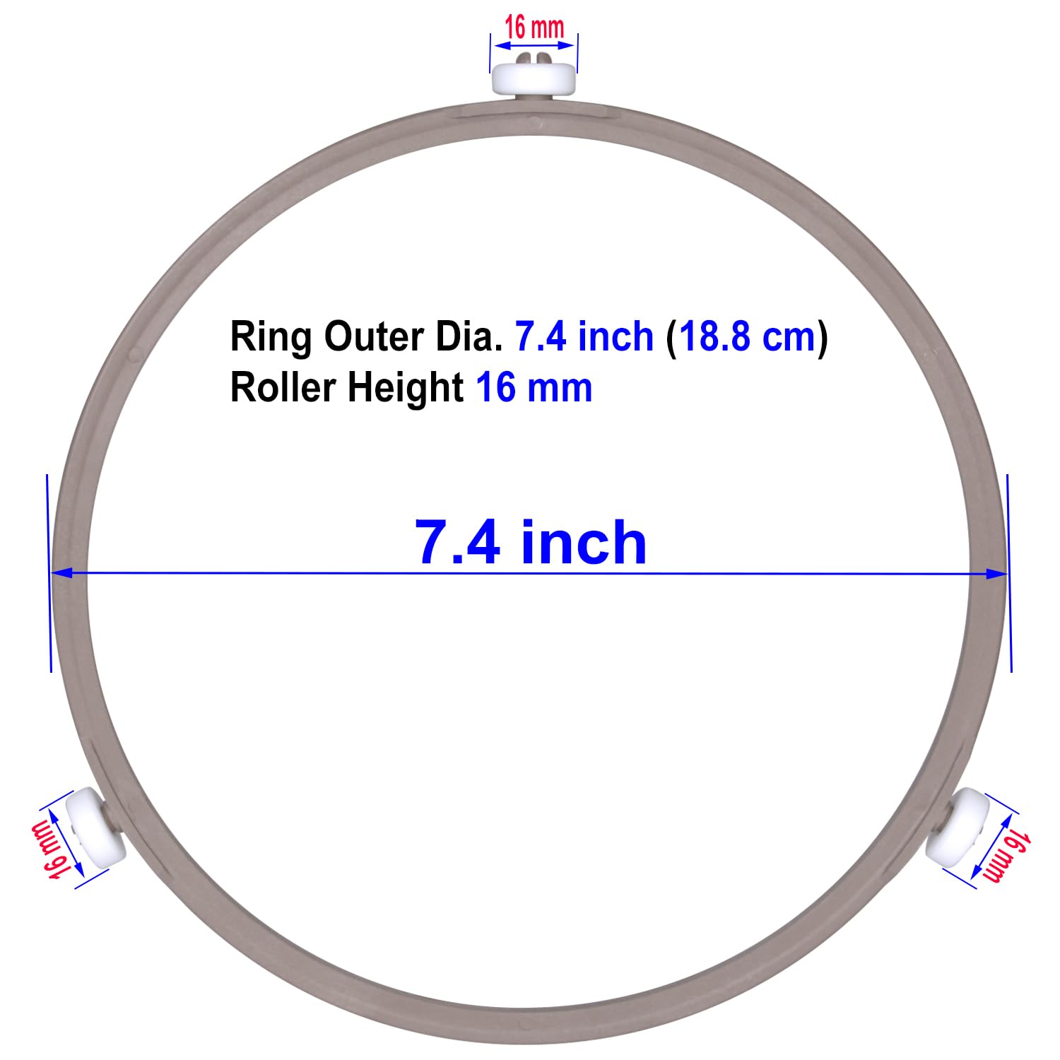Jolaxy 7.4'' Microwave Turntable Ring with 16 mm Rollers  Microwave Oven Tray Support  Glass Plate Rotating Roller Ring  Ring Outer Diameter 7.4 inches (18.8 cm)  Roller Height 16 mm