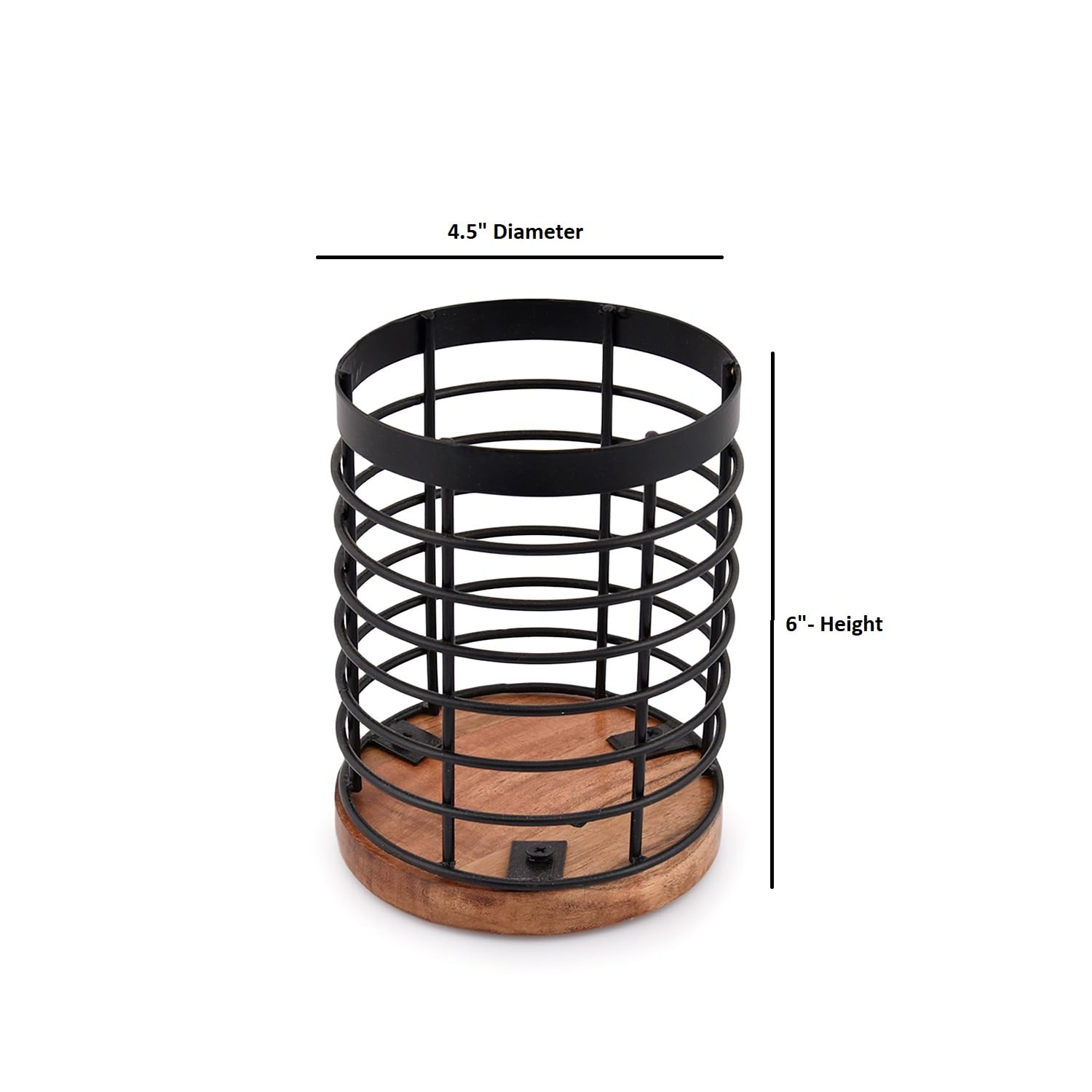 Edhas Black Iron Kitchen Utensil Holder With Acacia Wooden Base Round Flatware Storage For Countertop (4.5'' X 4.5'' X 6'')