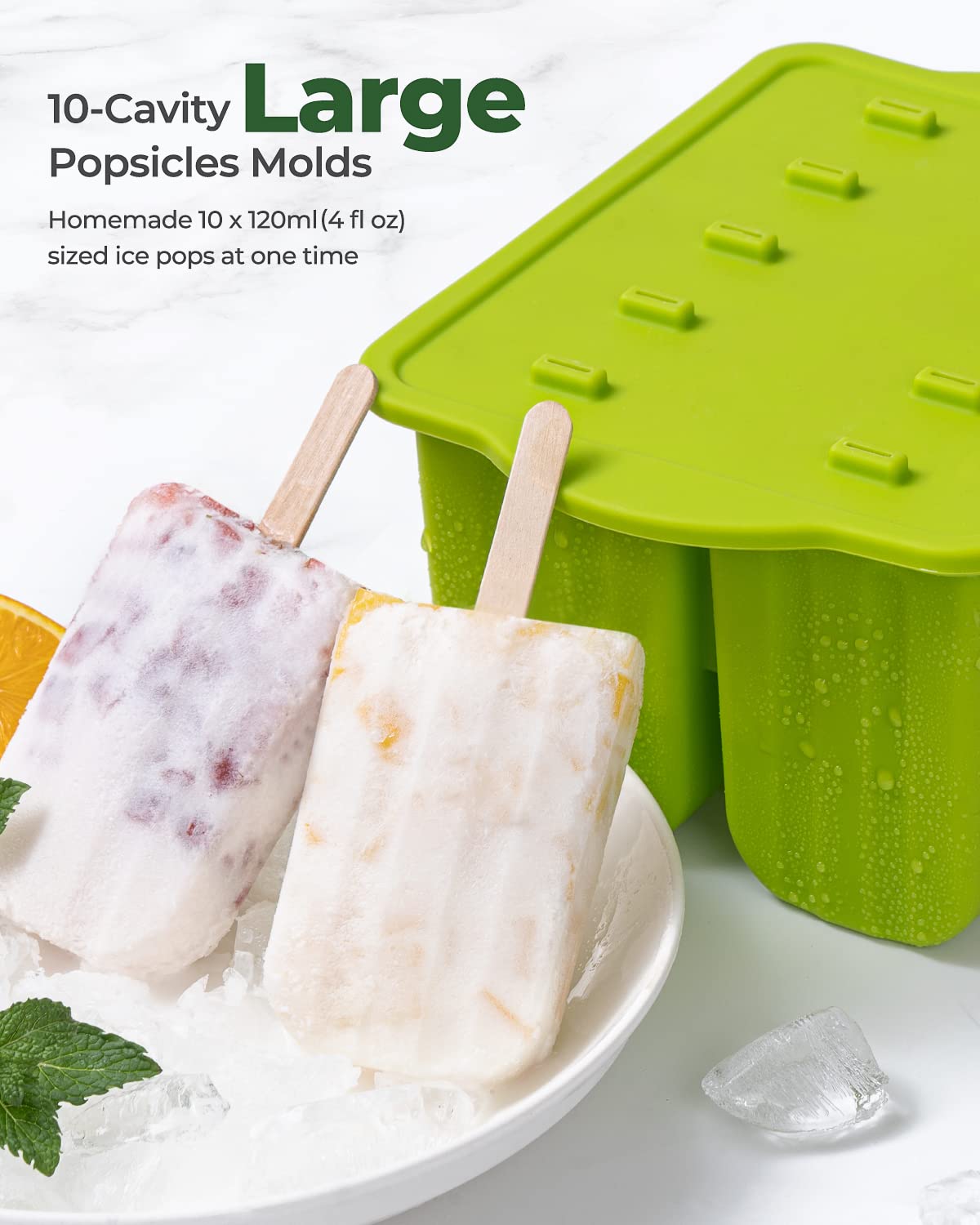 10 Cavity Large Silicone Popsicle Molds With Popsicle Holders/Popsicle Drip Catcher, Meetrue Silicone Bpa-Free Popsicle Maker Mo