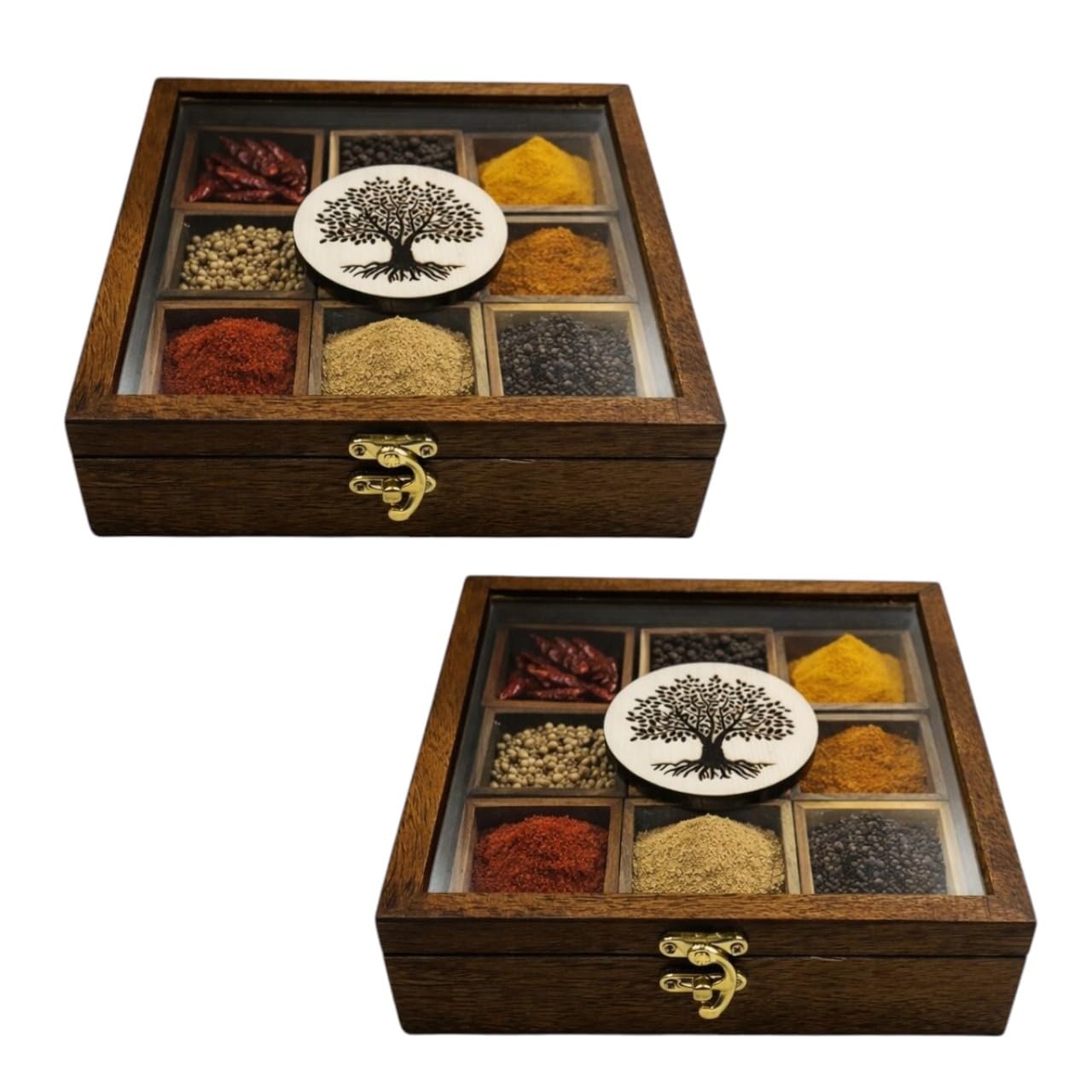 Angira Handicrafts Set Of 2 Spice Box With Spoon Wood Masala Dabba Organizer For Kitchen  9 Containers  Decorative Handmade B