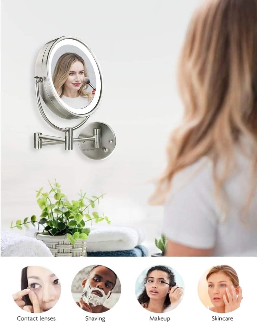 OVENTE 8.5'' Hardwired Lighted Wall Mount Makeup Mirror  1X & 7X Magnifier  Spinning Double Sided Round White LED  Dimmer Switch  Extend & Fold  Retractable Arm  Nickel Brushed MPWD3185BR1X7X
