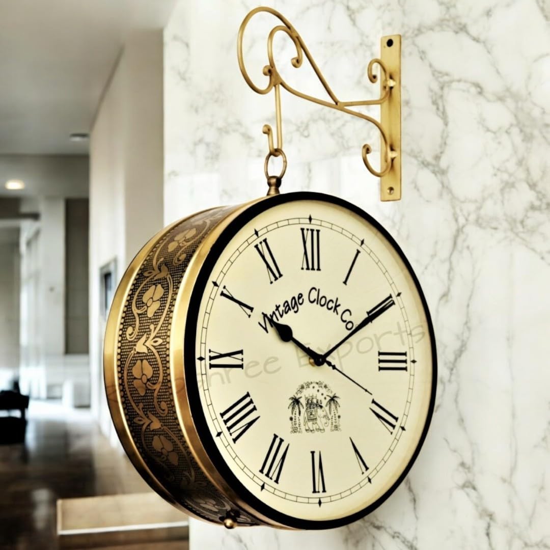 Vintage Clock Handcrafted Double Side Roman Number Brass Finish Metal Railway Station Analog Clock, 12 Inches