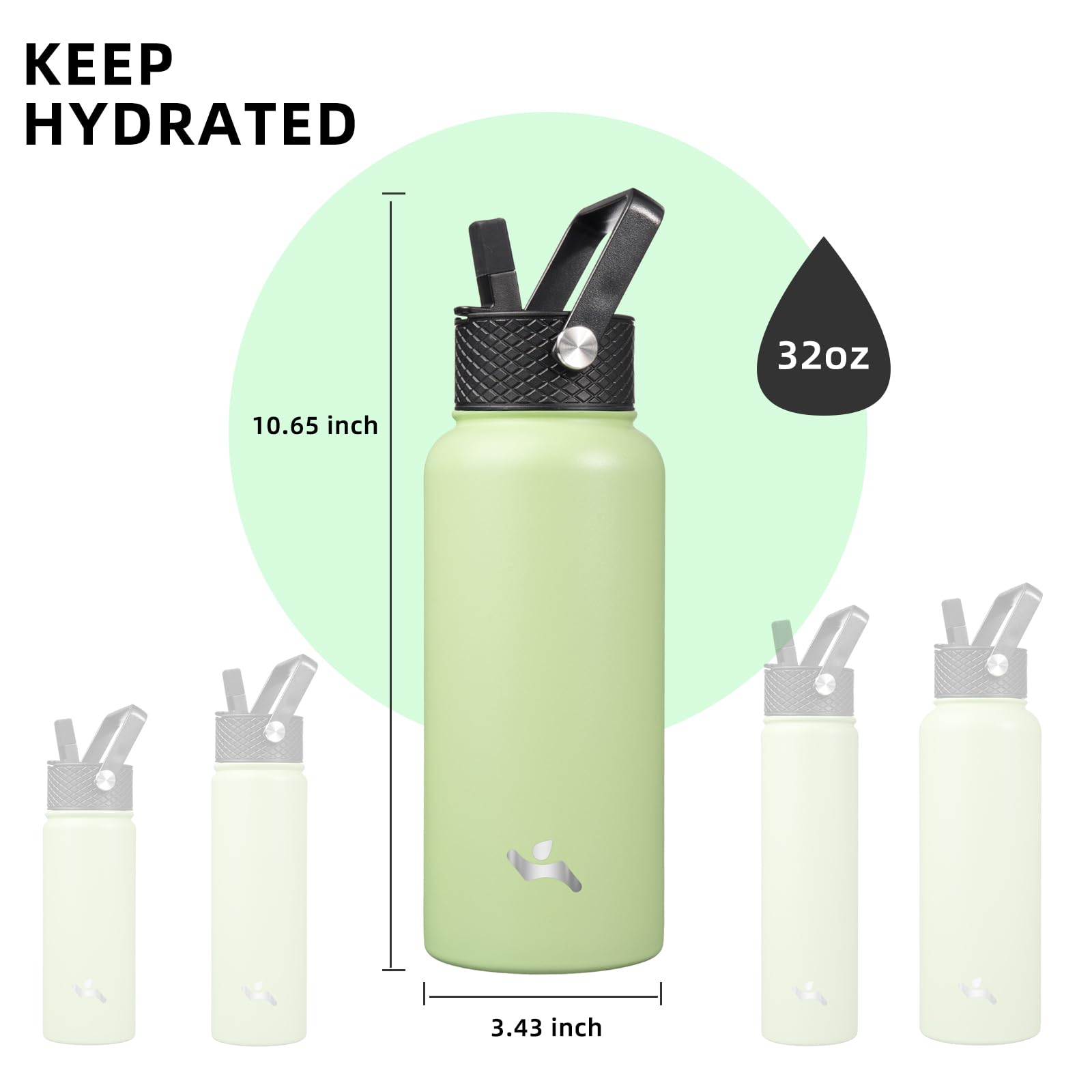 Konokyo Insulated Water Bottle 32Oz Stainless Steel Water Bottles With 3 Lids,Macaron Green