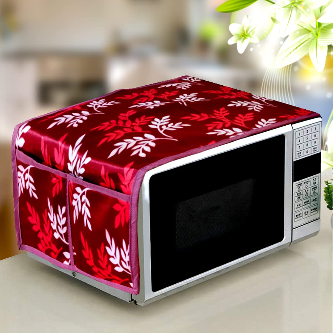 Kanushi Industries Microwave/Oven Top Cover With 4 Utility Pockets (Var2-Micro-Maroon-Small-Levs-01)