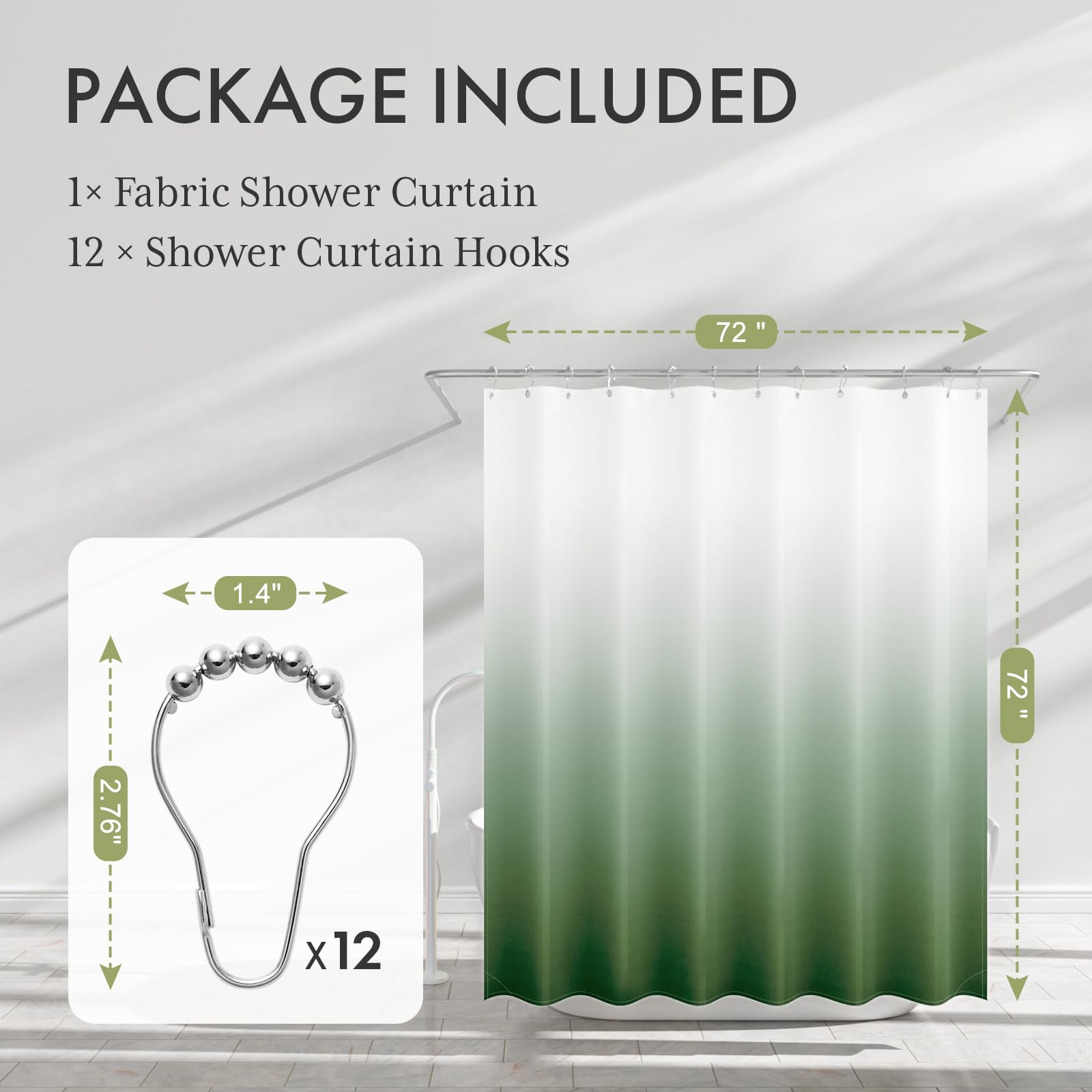 AmazerBath Fabric Shower Curtain Set  Ombre Grass Green Shower Curtain with 12 Shower Curtain Hooks  Rustic Cloth Green and White Shower Curtain  Cute Washable Bathroom Shower Curtain  72x72 Inches