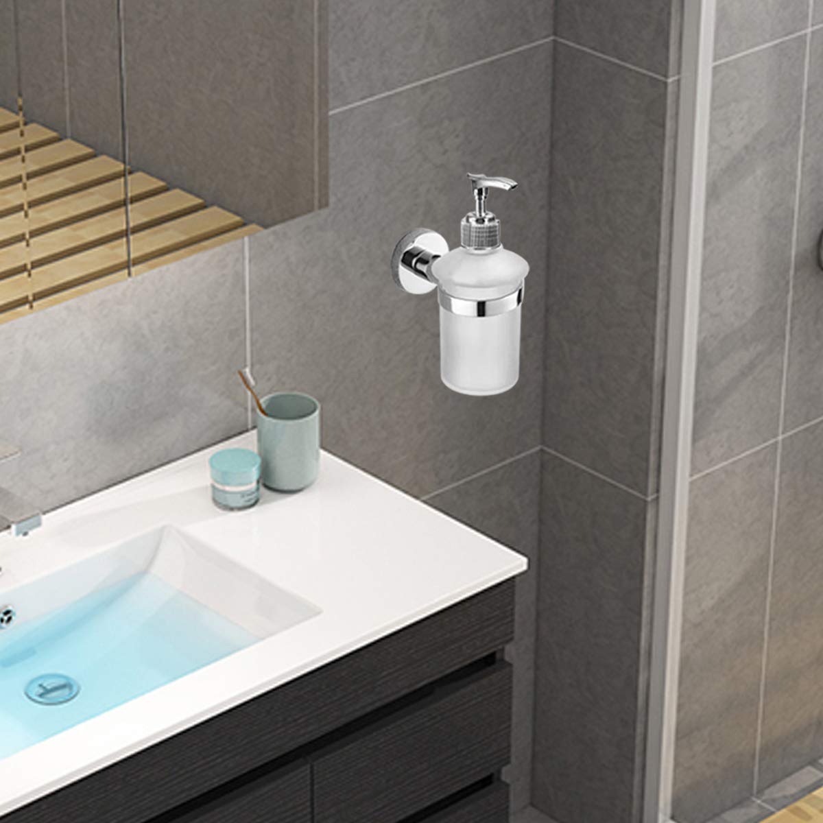 Olum Bathroom Glass Soap Dispenser With Chrome Holder Wall Mounted