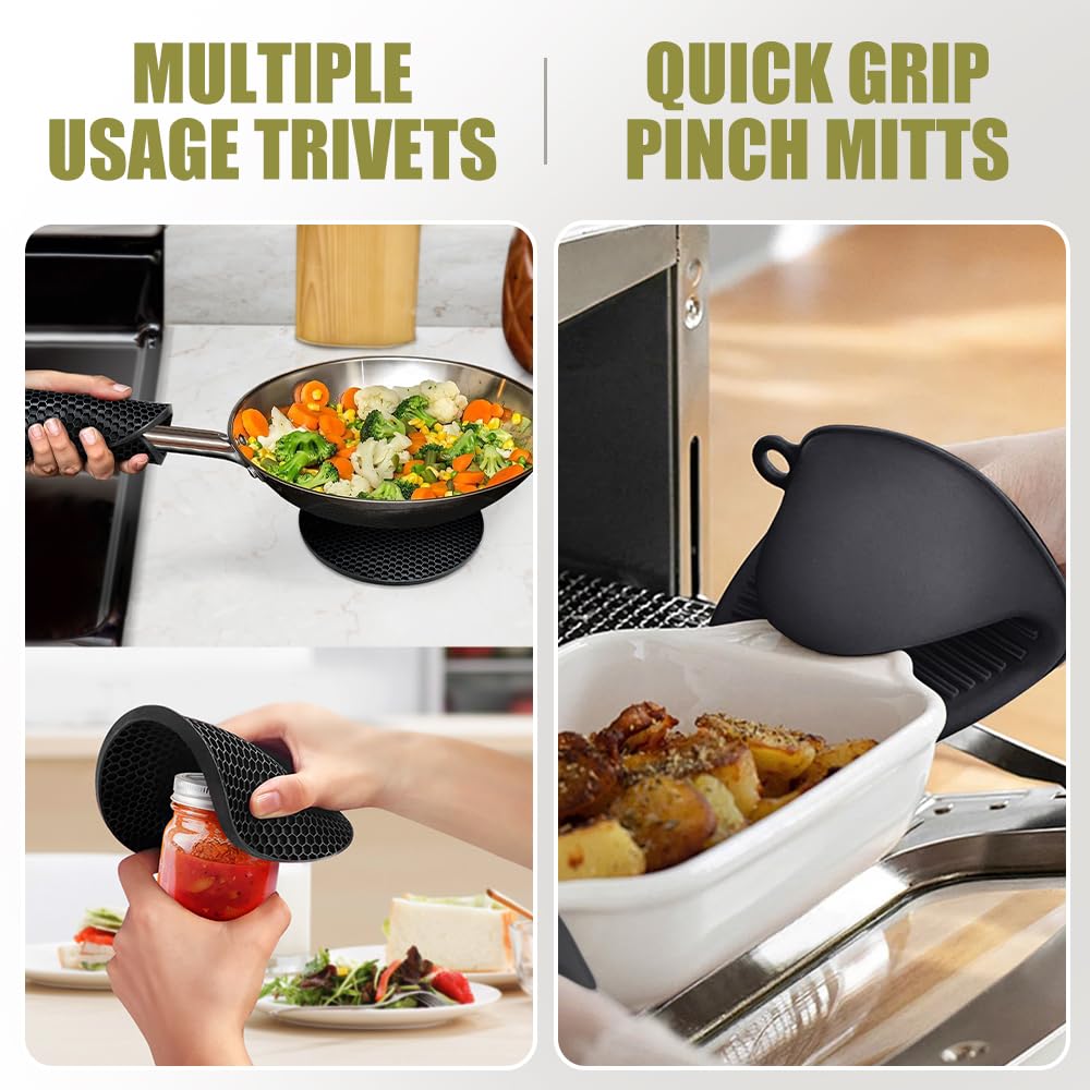 Rorecay Extra Long Oven Mitts And Pot Holders Sets: Heat Resistant Silicone Mittens With Mini Gloves Hot Pads Potholders For Kit
