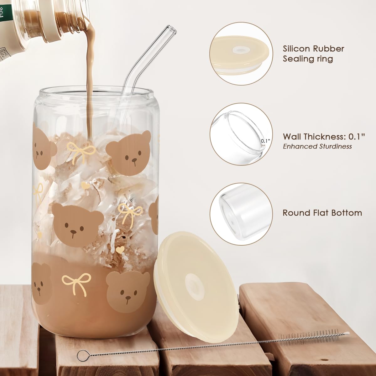 Bear Glass Can, Iced Coffee Aesthetic Cup, Gift for Christmas Birthday, Gifts for Women Girls, 16oz