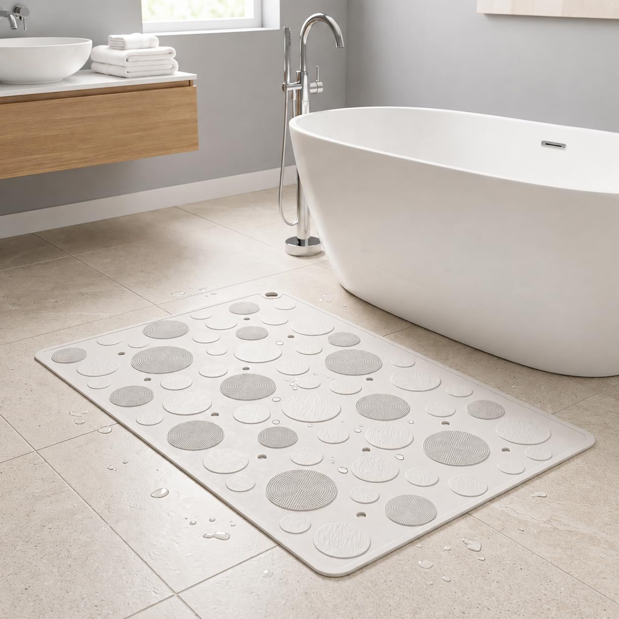 Mistycdep Bathroom Nonslip Mat, Soft Silicone Bath Mat With Strong Suction Cups, Massage Foot Mat, Quick Drainage Holes, Waterp