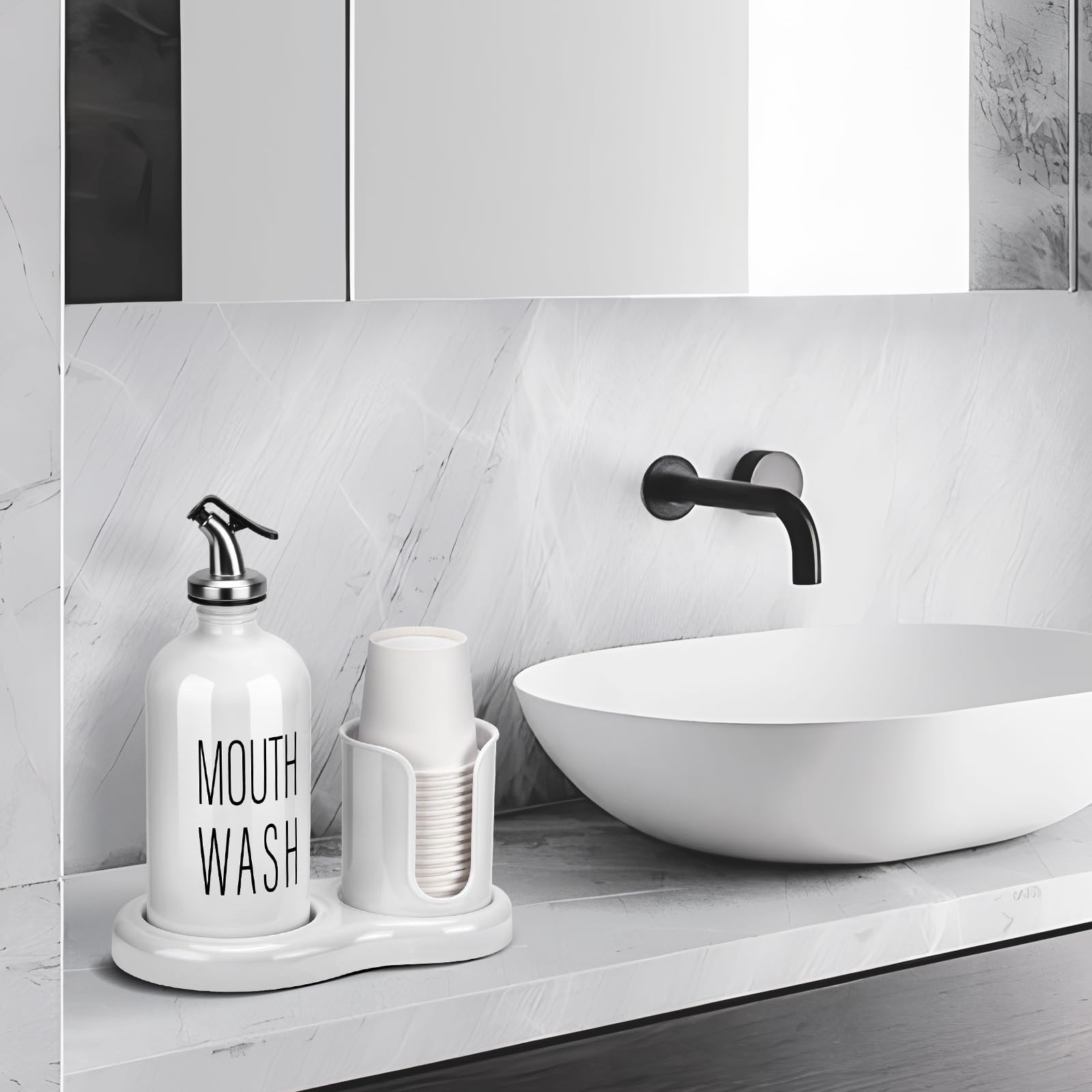 Mouthwash Dispenser for Bathroom BYAWAY Mouthwash Dispenser with Cup Holder 14 Mouthwash Cups and Funnel Refillable Glass Mouthwash Container (White)