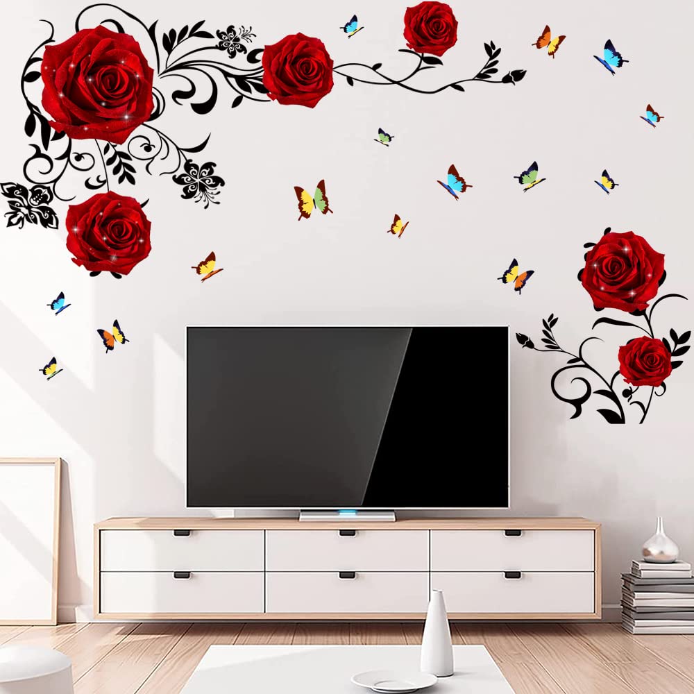 Supzone Red Rose Wall Stickers - DIY Vinyl Mural Art for Bedroom, Living Room, Sofa Backdrop & TV Wall Decoration-New Condition