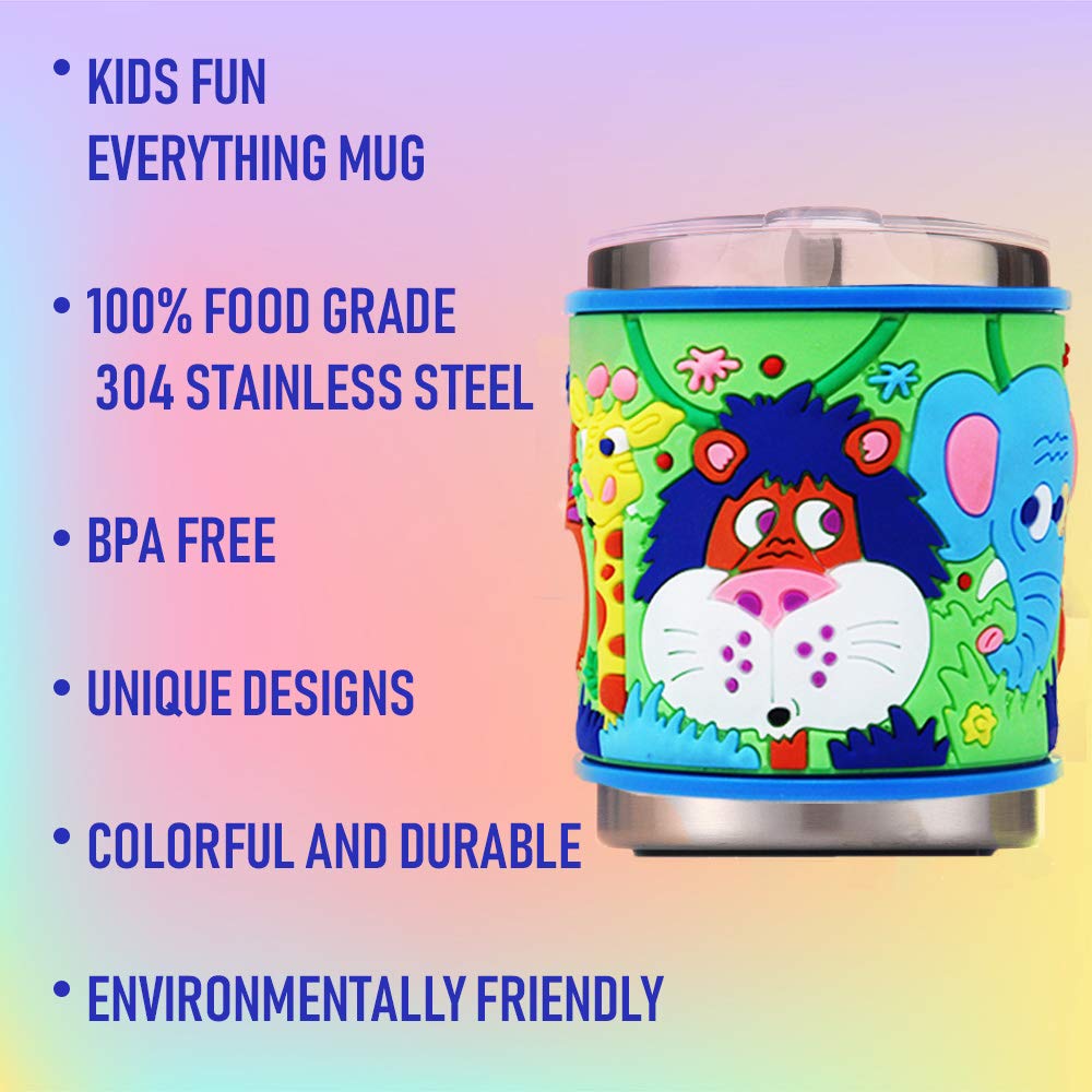 F-32 12 Oz Kids Stainless Steel Jungle Animals 3D Mug With 2 Pack Slider Closure Lids - Eco-Friendly - Bpa Free Signature Collec