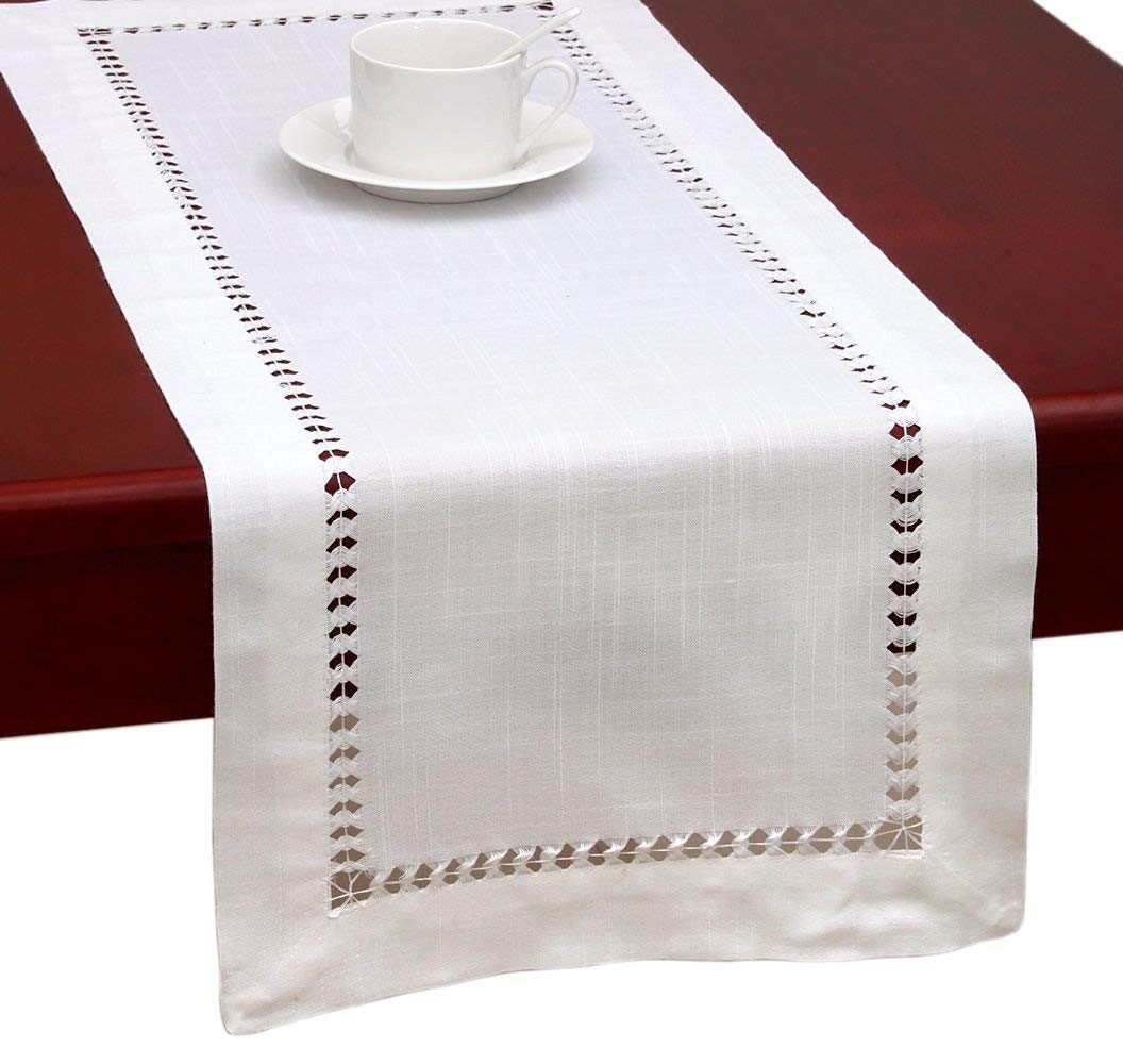 Grelucgo Handmade Hemstitched Natural Rectangle White Lace Table Runners (14X48 Inch)