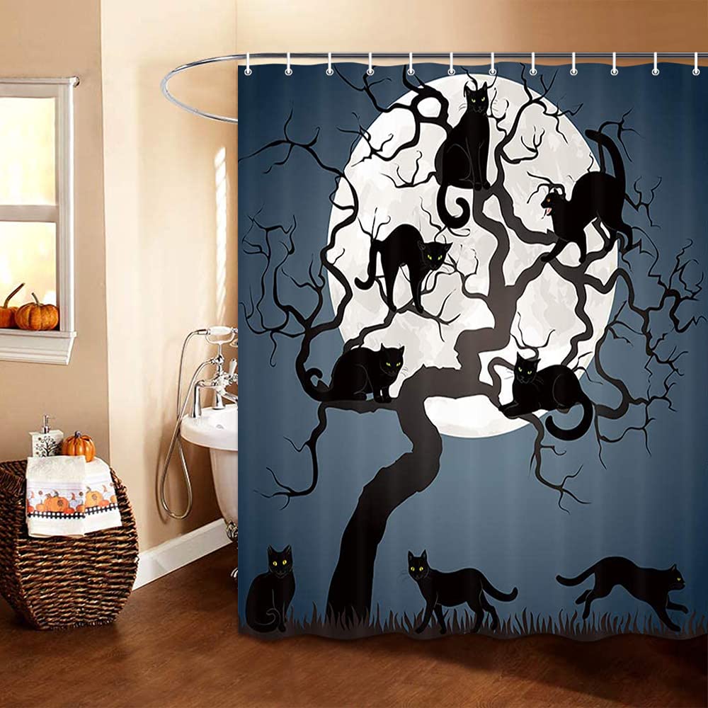 Nymb Halloween Shower Curtain, Bat With Pumpkin For Fall Shower Curtain, Polyester Fabric Waterproof Halloween Shower Curtains F