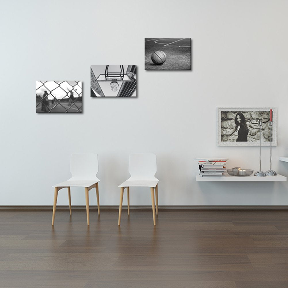 Klvos 3 Panels Black And White Wall Art Antique Basketball And Low Angle View Basketball Hoop Sport Canvas Art Modern Home Decor