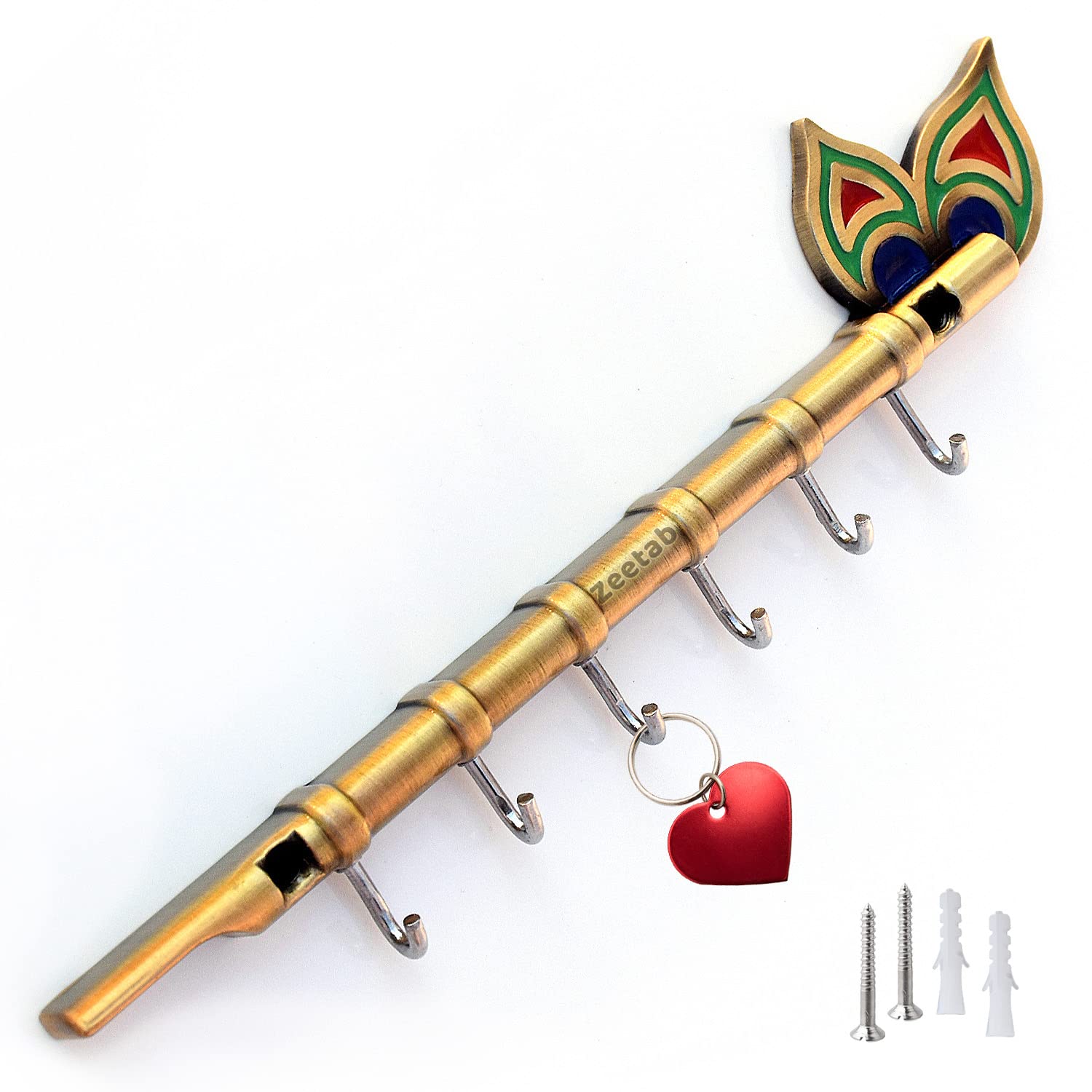 Zeetab Lord Krishna Key Holder & Hanger with Diamond, Metal Peacock Flute Key Stand with 6 Hook Wall Mount, Home Decor Gift (Kri