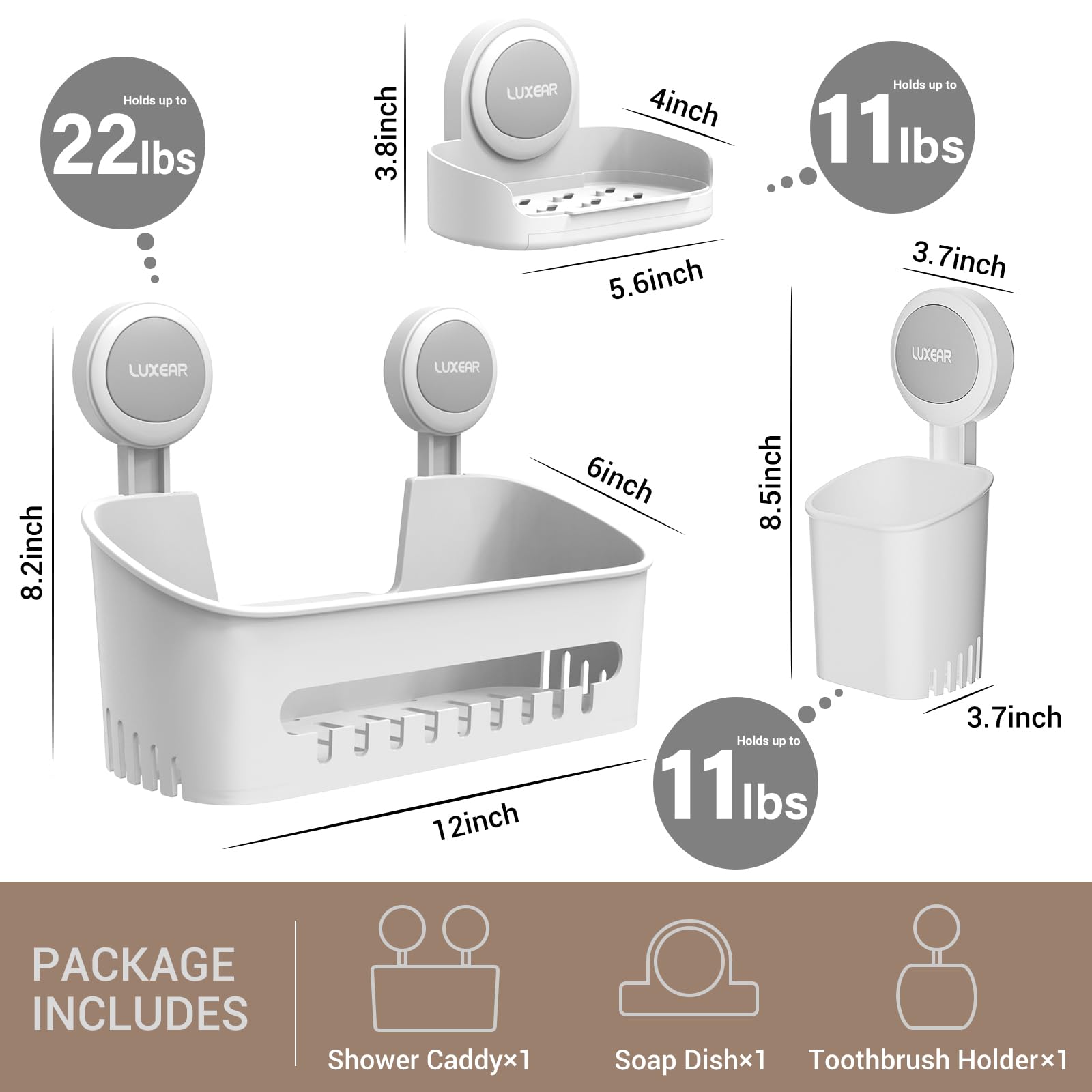 Luxear 3 Packs Shower Caddy Suction Cup Set - Shower Shelf+Soap Dish+Toothbrush Holder - 1 Second Installation No-Drilling Remov