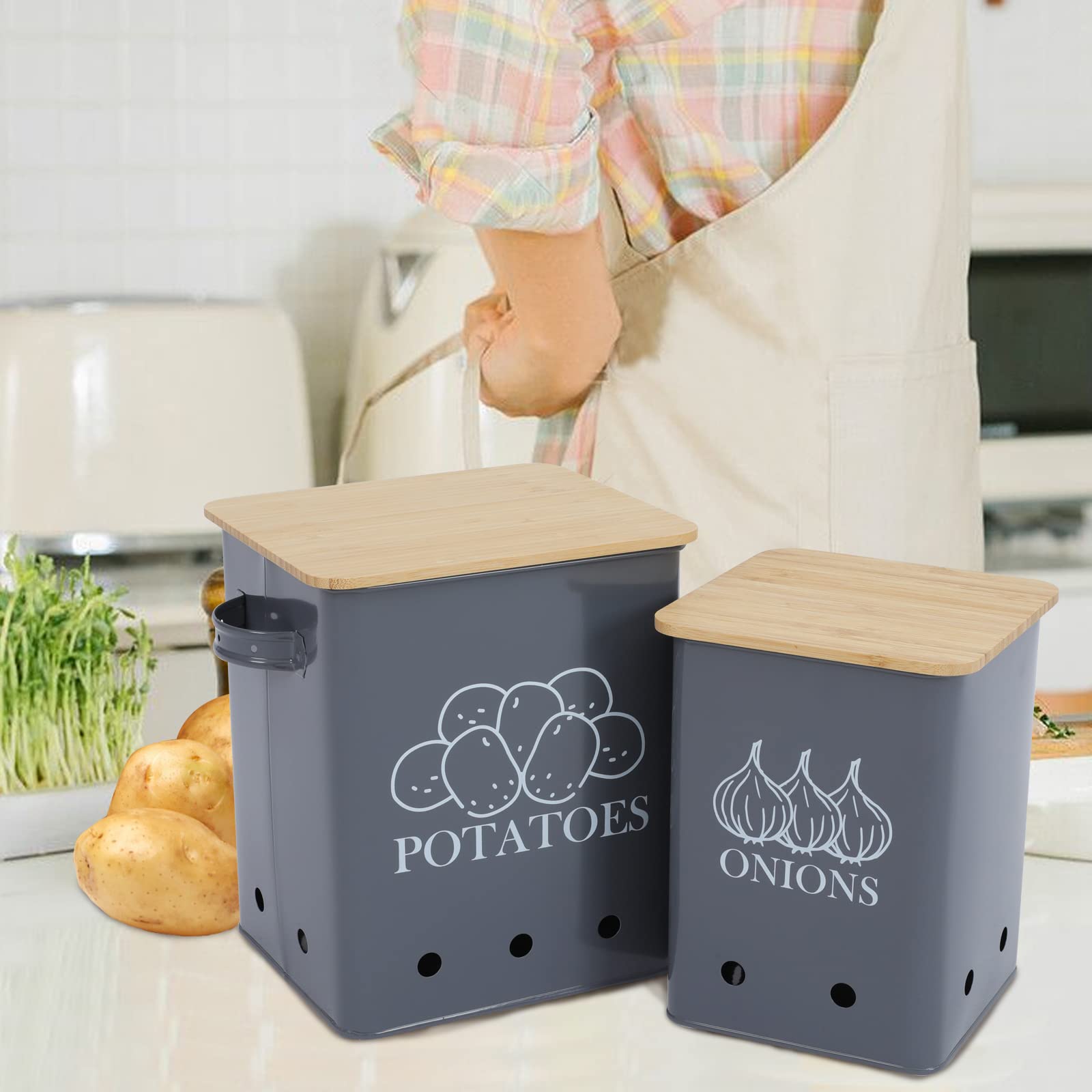 Kitchen Vegetable Storage Tins Set Of 2 For Potatoes, Onion, With Wooden Lid Garlic Bin Caddy, Long Shelf Life-Grey