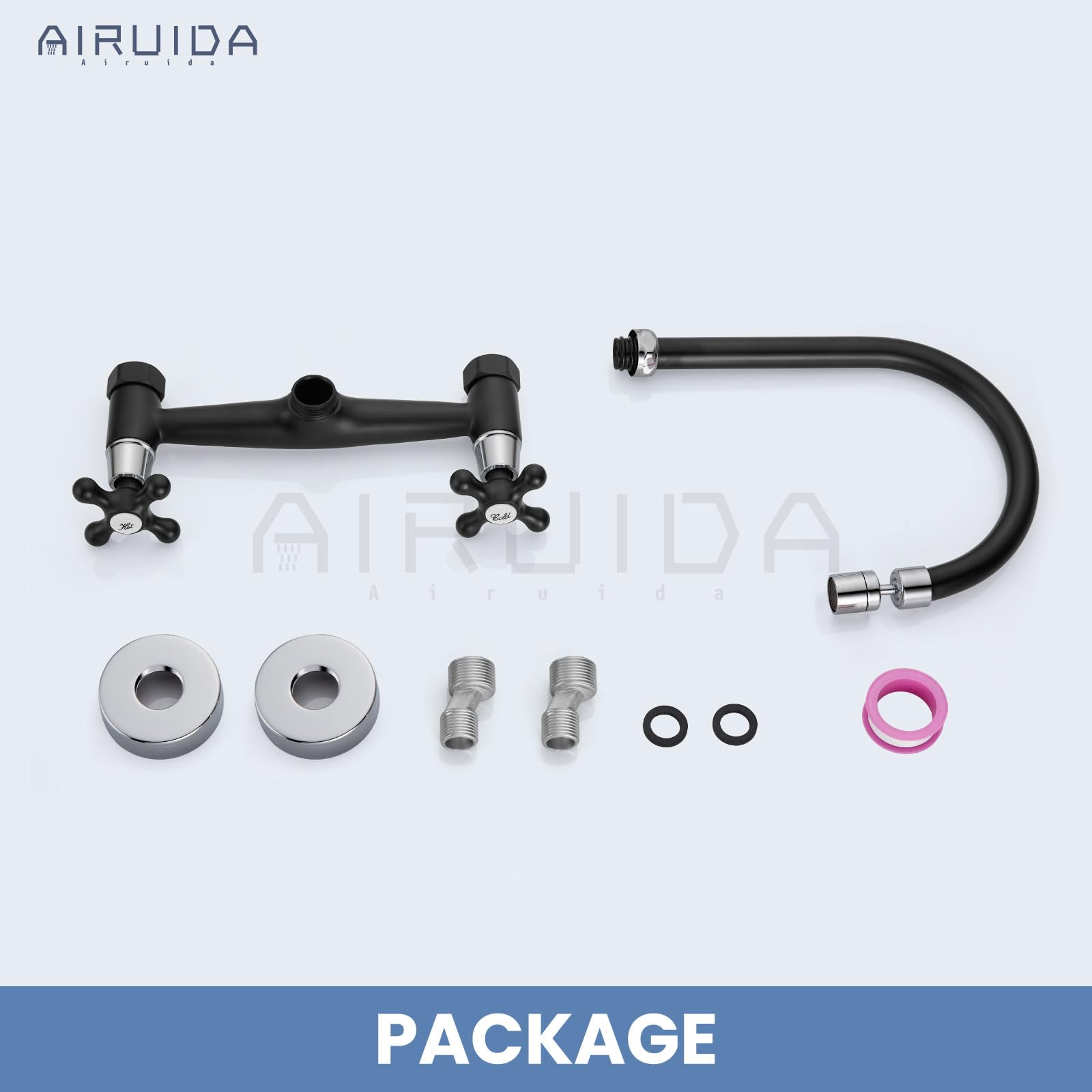 Airuida Matte Black & Polished Chrome Wall Mount Faucet with Sprayer Commercial Kitchen Faucet 8 Inch Center Utility Sink Faucet 360 Degree Swivel Spout Restaurant Sinks Laundry Room Faucet