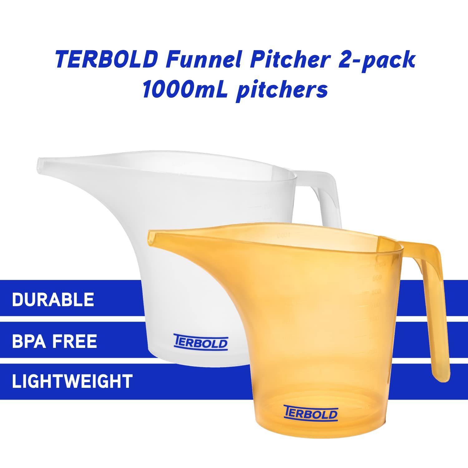 Terbold Funnel Pitcher With Spout 2Pc Set | 1 Liter Plastic Measuring Pitchers For Cake, Pancake Dispenser, Soap Pouring Or Oil