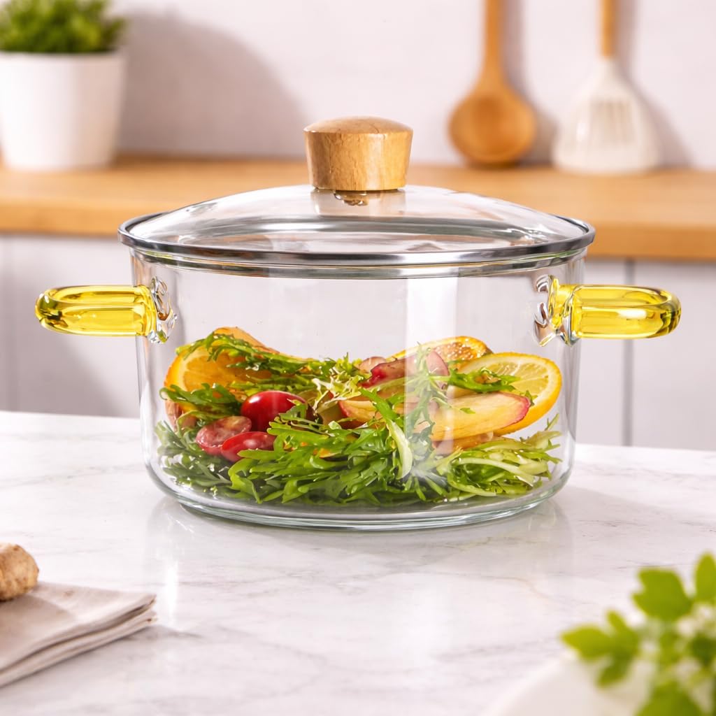 Glass Cooking Pot With Lid, Borosilicate Glass Casserole With Double Handles, 1.6 Litres Transparent Heat-Resistant Pot For Micr