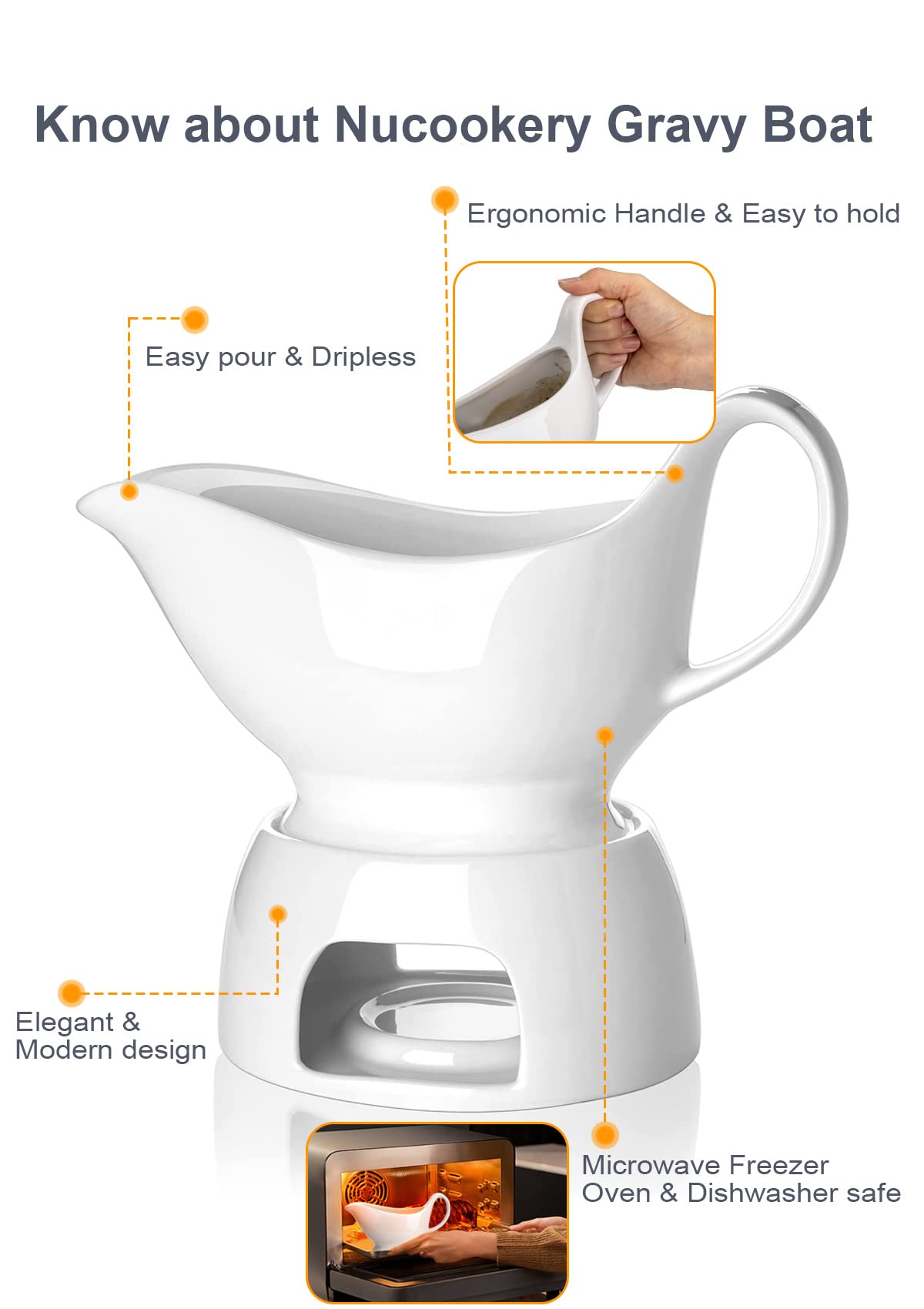 Nucookery Large Classic 17 Oz Gravy Boat With Warmer, White Fine Porcelain Saucier With Big Dripless Lip Spout, Bowl For Thanksg