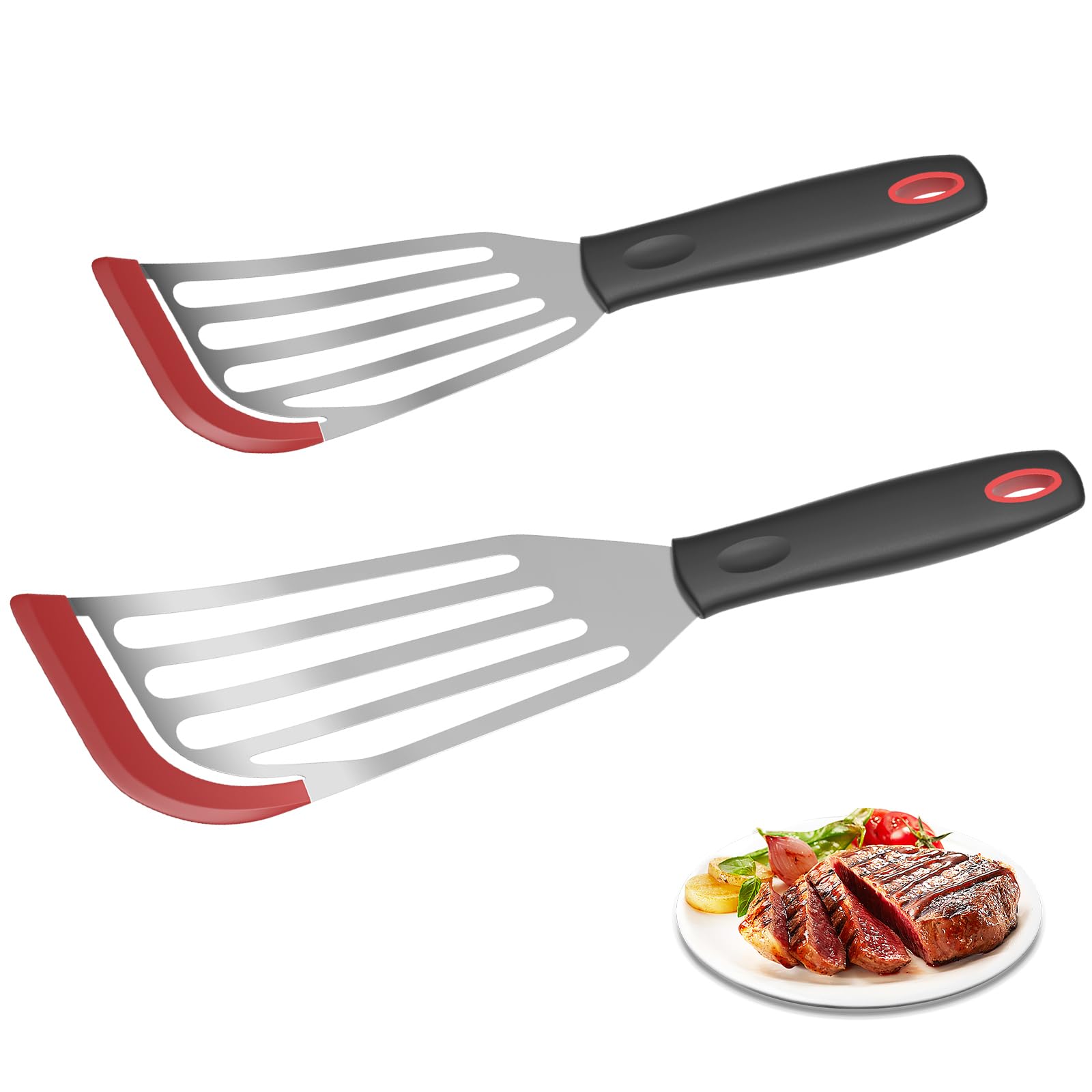 2Pack Silicone Fish Spatulas for Nonstick Cookware,Fish Turner Spatula Stainless Steel with Heat Resistant Silicone Edge,Metal S