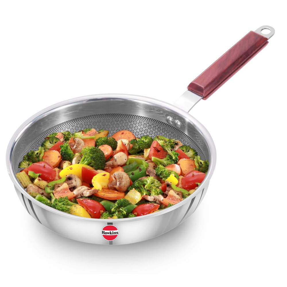 Hawkins 22 Cm Frying Pan, Triply Stainless Steel Shielded Nonstick Fry Pan With Rosewood Handle, Honeycomb, Non Stick, Induction