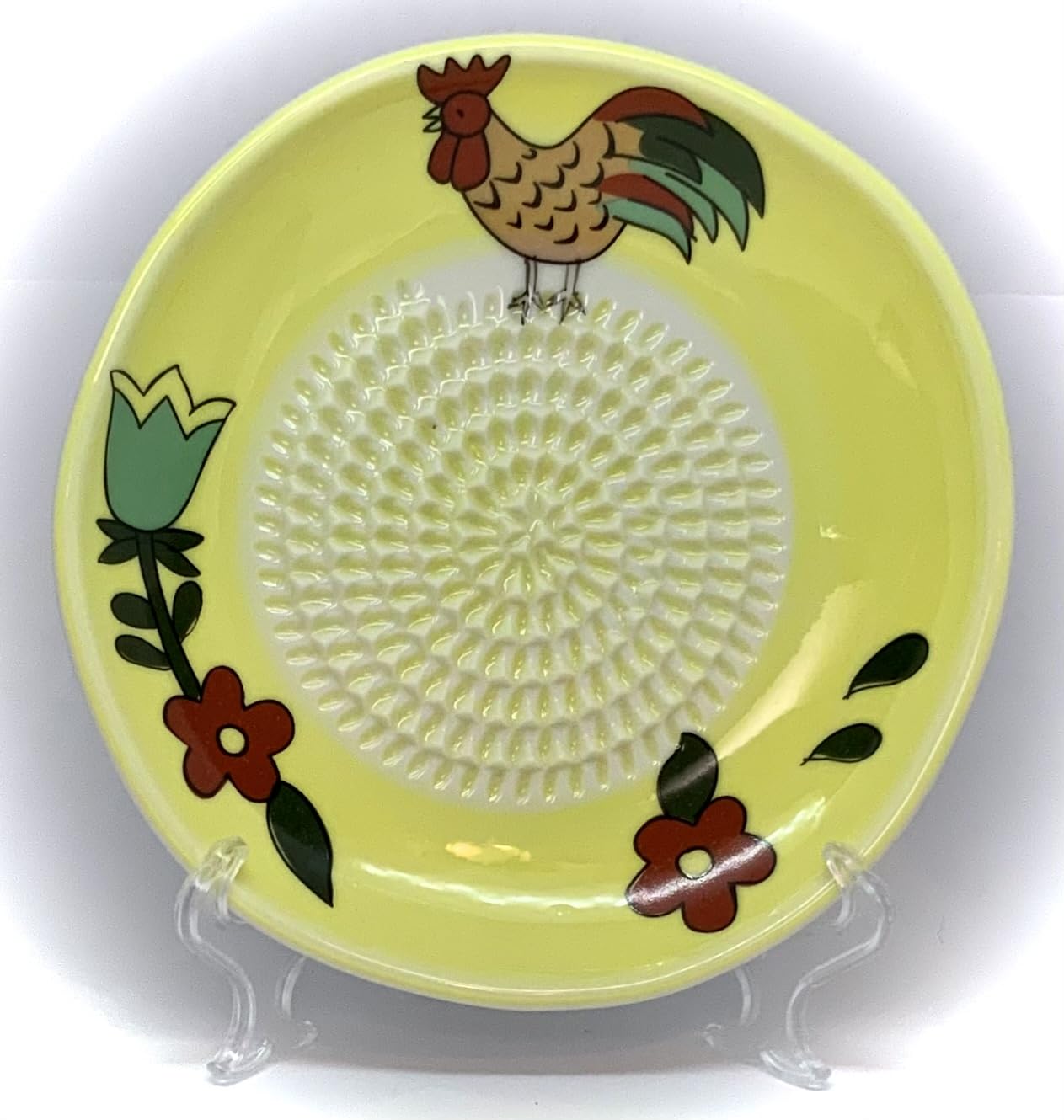 BonCera Garlic Grater Set - 4pcs Ceramic Set with Rooster Design, 5.25 inch Plate, Includes Peeler, Brush, and Stand, Model G-018