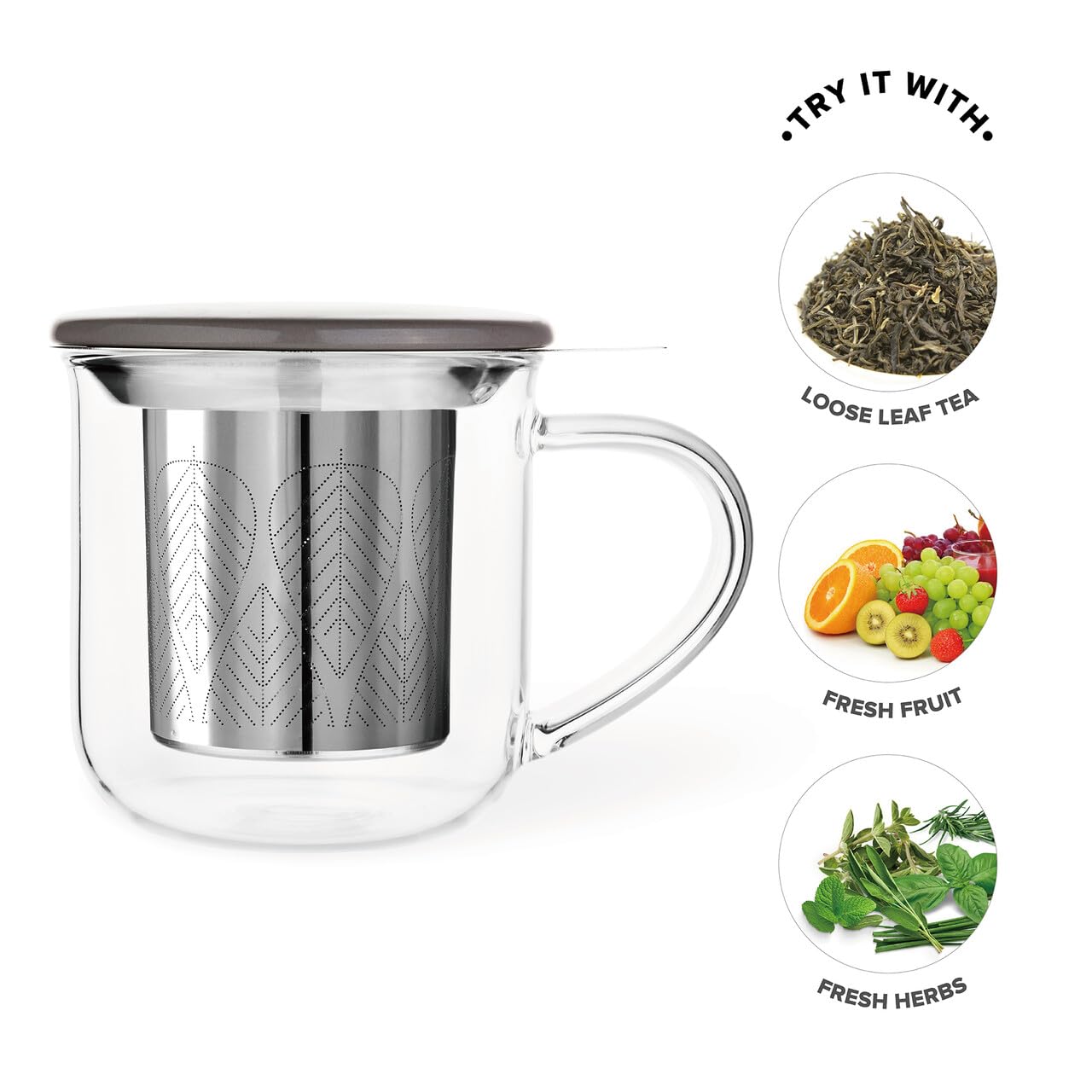 Viva Minima Eva Glass Tea Cup With Mesh Infuser - Coffee Mug With Porcelain Lid/Saucer - 14 Oz / 400 Ml, Wool