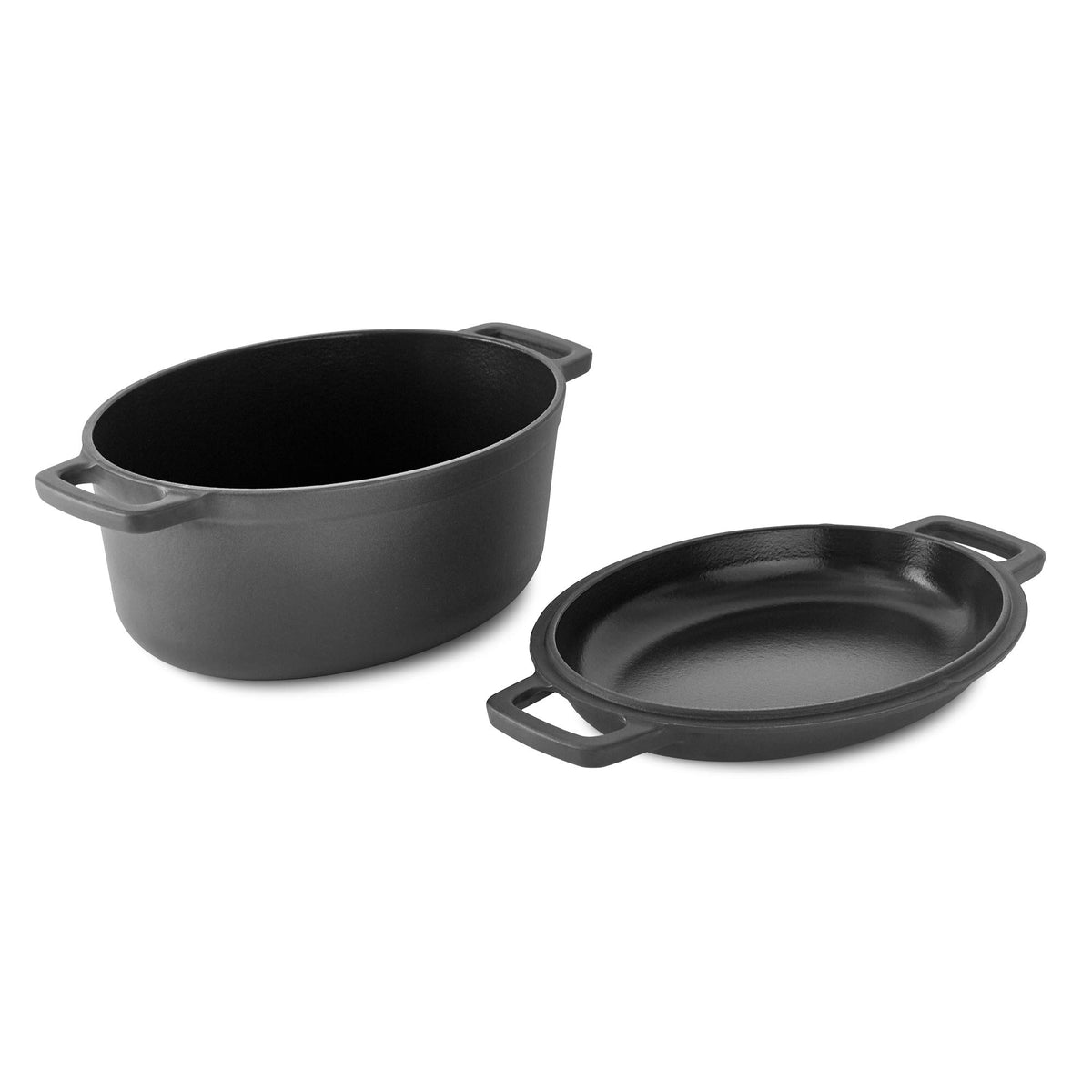 Dash Zakarian By Dash 6 Qt Nonstick Cast Iron Double Dutch Oven, Oval Pot With 2-In-1 Skillet Lid, Black