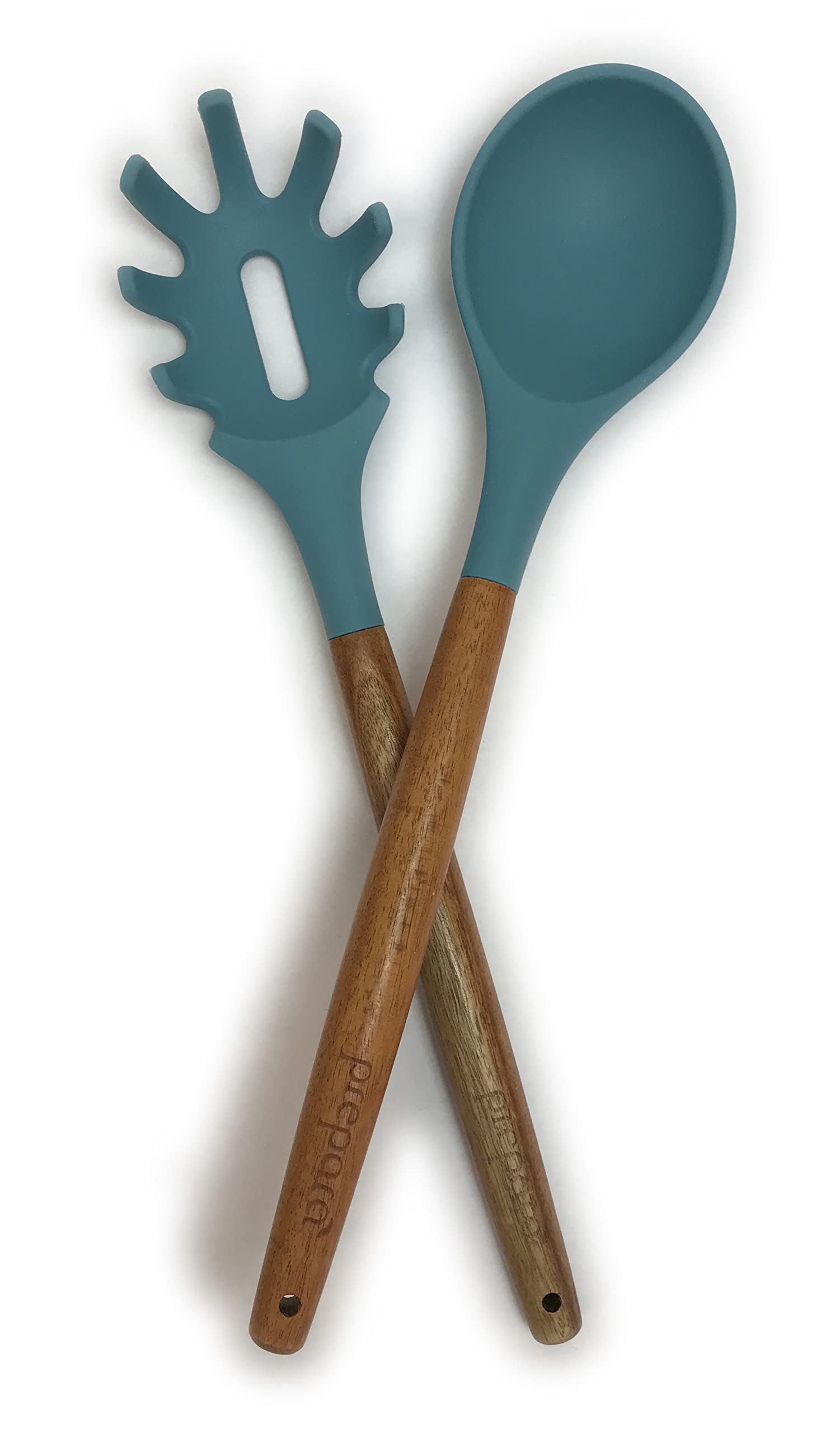 Prepara Acacia And Silicone Spaghetti And Solid Spoon Set Cooking Utensils, Set Of 2, Steel Blue
