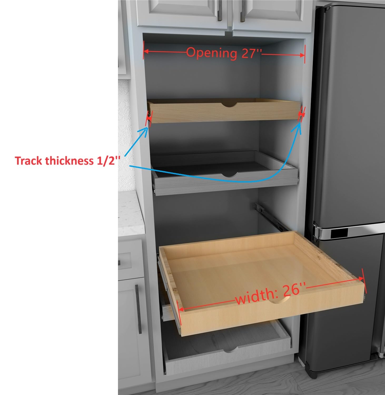 26'' Width Drawer Roll Wood Tray Drawer Box Kitchen Organizer Cabinet Slide Out Shelve, Pull-Out Shelf, Pantry Organization & St