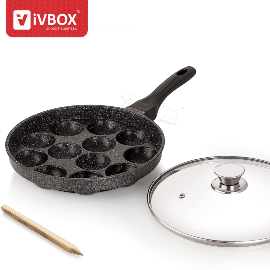 ivbox MAX-PRO Appam Pan Heavy-Weight Non-Stick appe Paniyarakkal Maker with Glass Lid, Cast Aluminium, Silver Grey