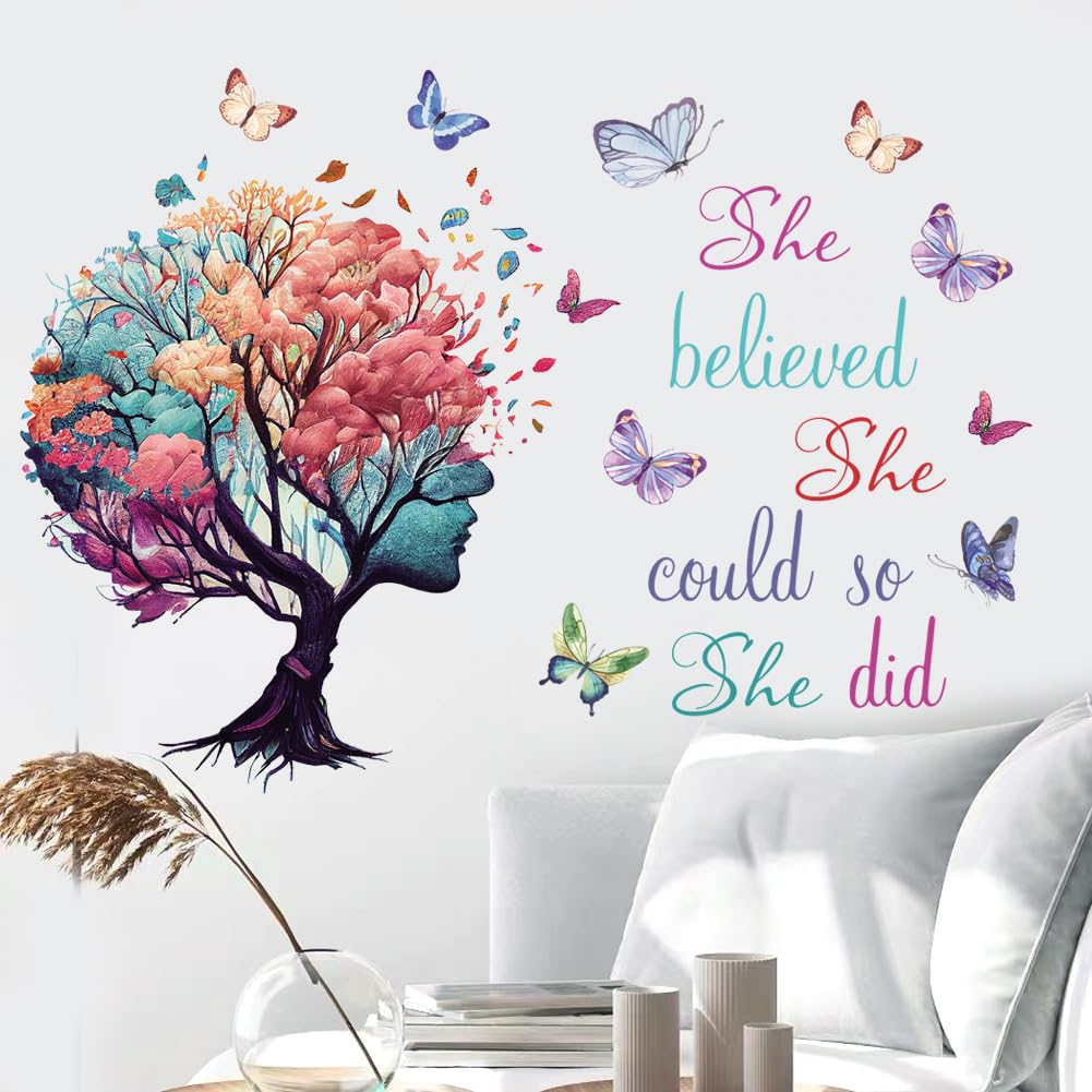 Inspirational Wall Decal Quotes She Believe She Could So She Did Tree Wall Sticker Wall Art Positive Sayings Sticker Butterfly W