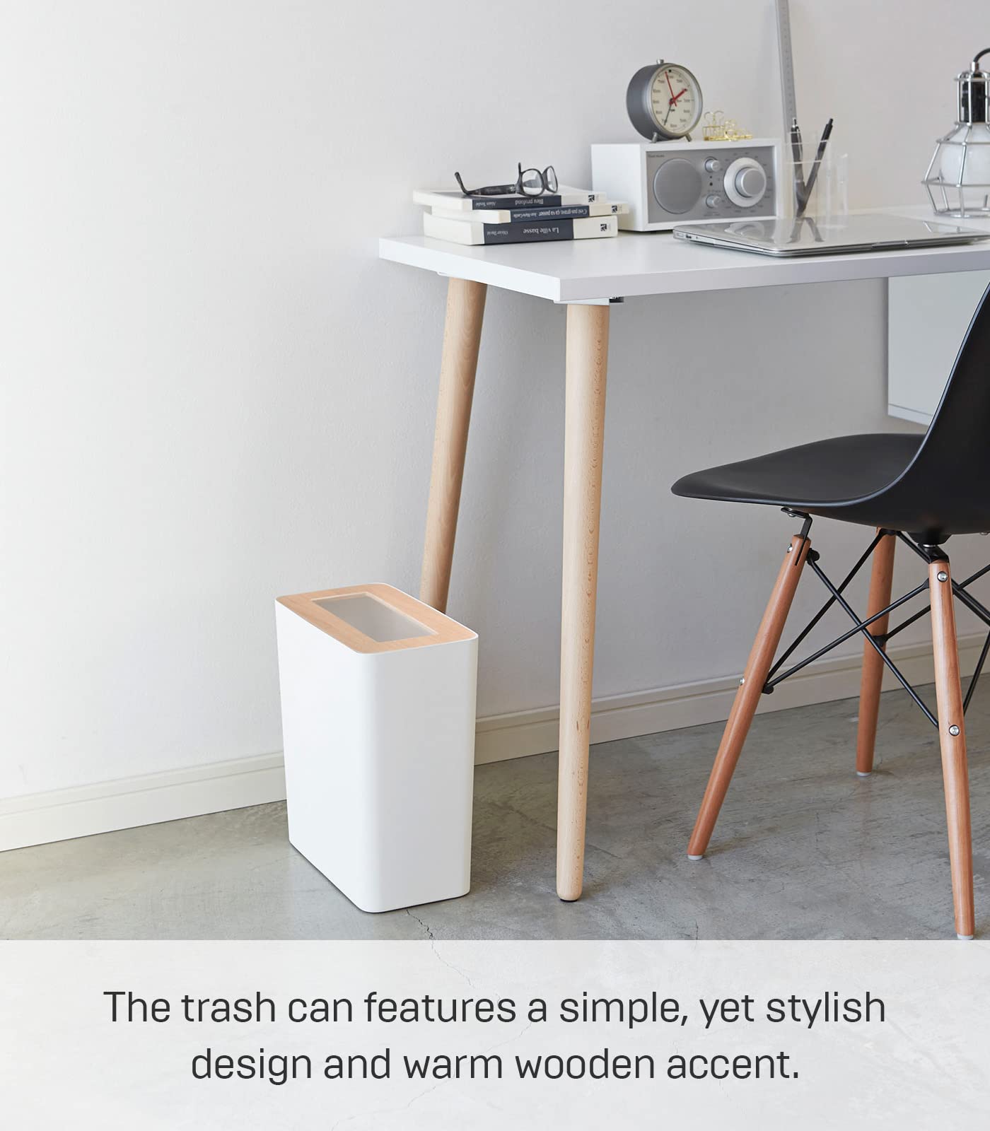 Yamazaki Home Trash Can - Small Modern Home Wastebasket For Bathroom Kitchen Office Steel + Wood One Size Ash