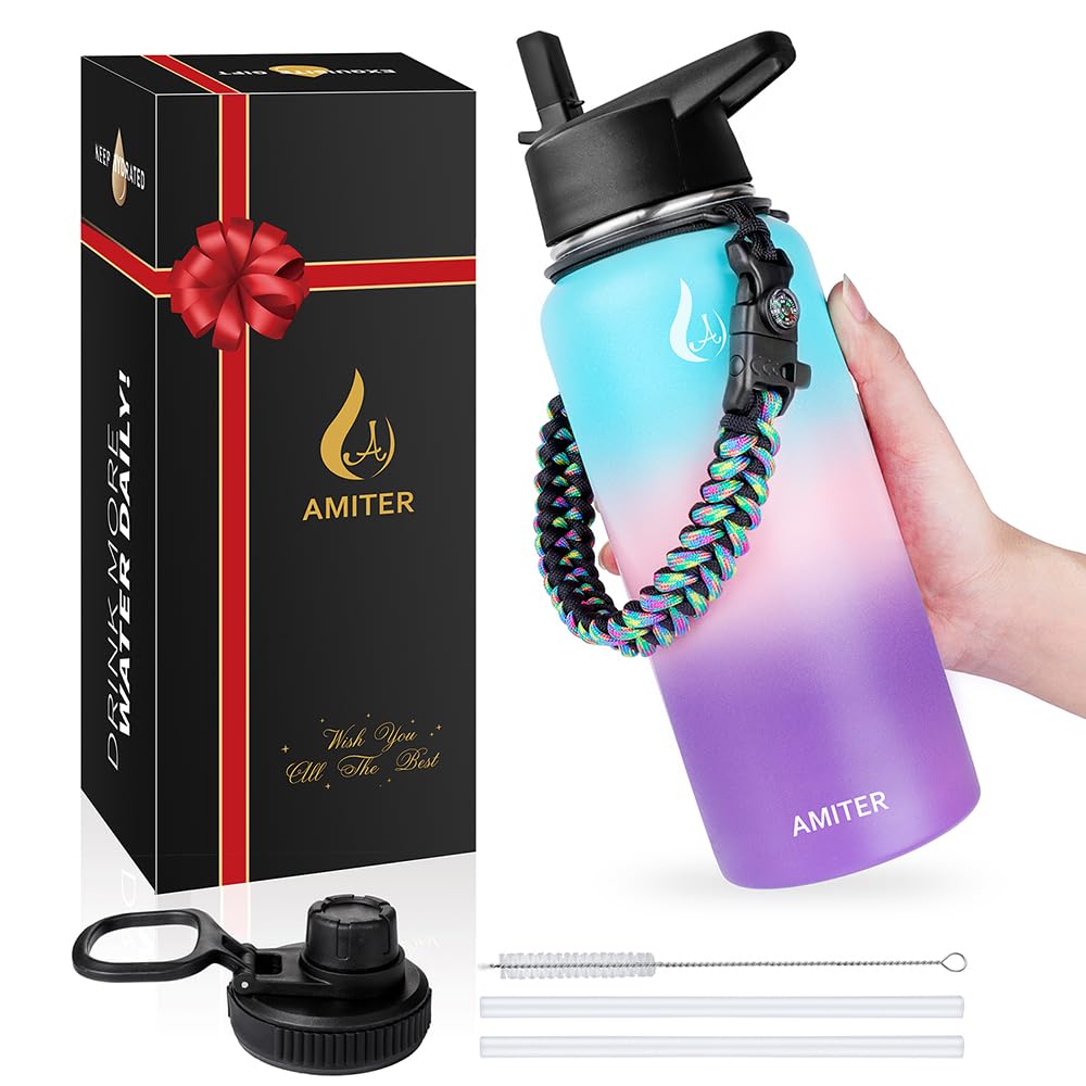 Amiter 32Oz Insulated Bottle With Straw & Spout Lids, Double-Wall Vacuum Stainless Steel Water Bottle, Keep Beverages Cold For 2