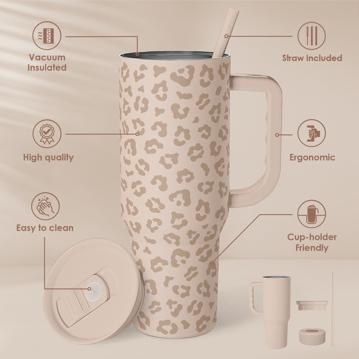 Leopard Tumbler with Handle, Insulated Cup Stainless Steel Travel Mug Cup, Gifts for Women Girl on Birthday Christmas, Tan Leopa