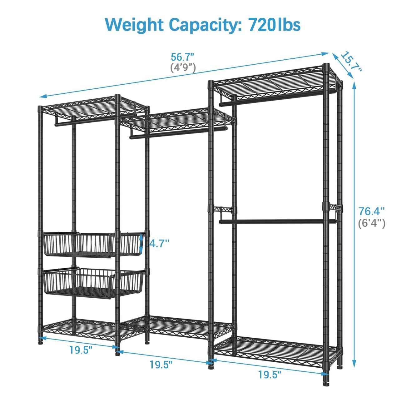 VIPEK V10 Medium Wire Garment Rack Heavy Duty Clothes Rack  Free Standing Closet Wardrobe Metal Clothing Rack with 2 Slid Baskets  68.9 '' L x 15.7 '' W x 76.4 '' H  Max Load 750lbs  Black