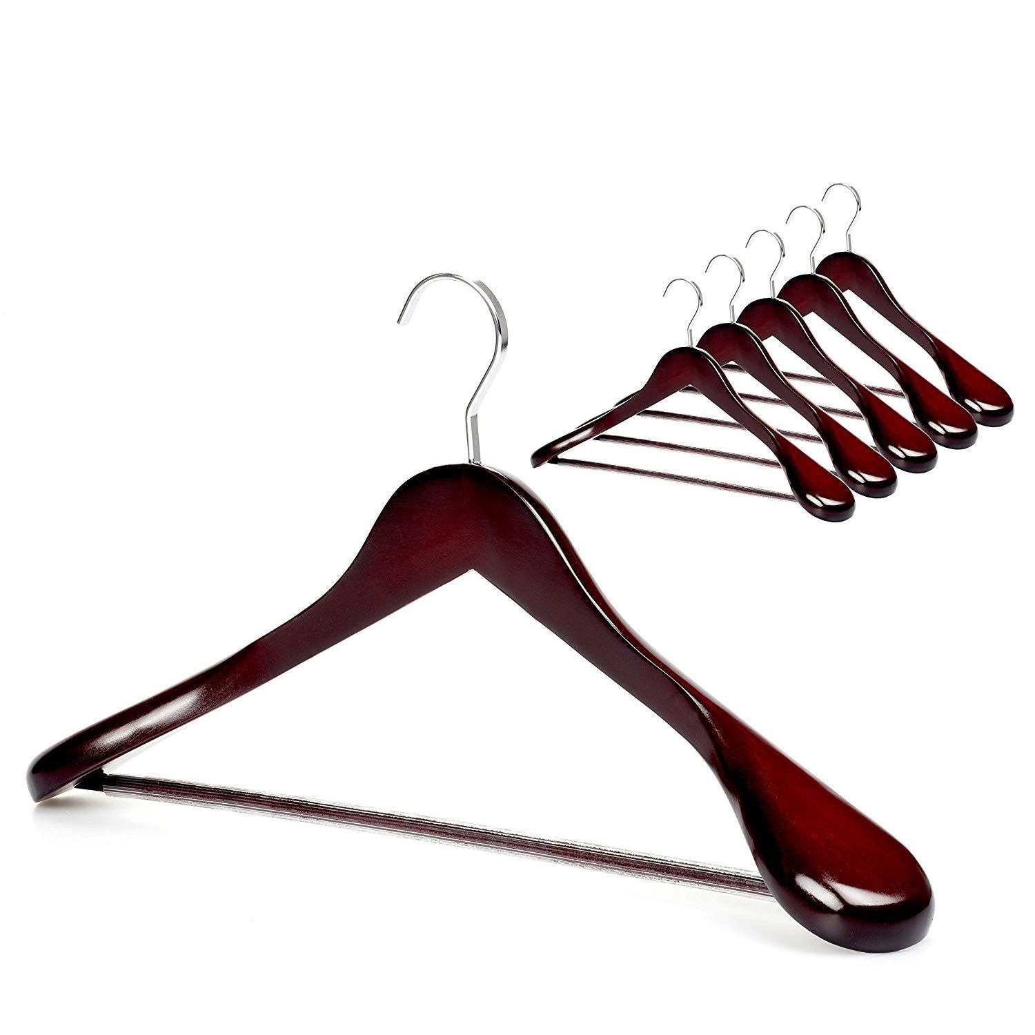 Topia Hanger Set Of 6 Luxury Mahogany Wooden Coat Hangers, Premium Wood Suit Hangers, Glossy Finish With Extra-Wide Shoulder, Th